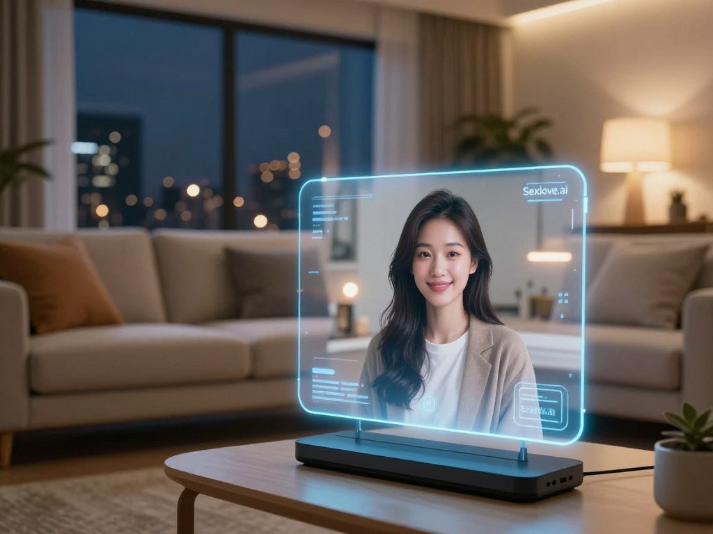 A futuristic inviting living room setting featuring a cutting edge AI girlfriend video experience In the foreground a sleek interactive interface with a glowing holographic display showing a friendly and engaging AI companion designed with approachable features and dressed in stylish modest clothing The middle ground includes a comfortable sofa and modern decor highlighted with soft warm lighting creating an intimate atmosphere In the background a large window reveals a serene nighttime cityscape twinkling with lights The scene should evoke a sense of companionship and advanced technology illustrating how AI girlfriend videos enhance emotional connection The overall mood should be cozy and engaging inviting viewers to explore this innovative way to experience companionship Incorporate the brand name Sexloveai subtly in the design of the holographic display