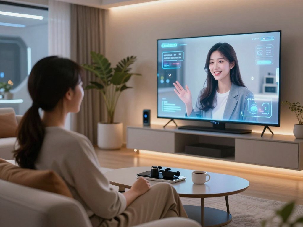 A futuristic living room featuring a polite interactive AI girlfriend displayed on a sleek screen engaging in a cheerful conversation with a young professional in smart casual attire The foreground shows the couple sitting on a modern sofa with the AI character visually represented by a holographic interface displaying friendly expressions In the middle ground soft ambient lighting creates a warm and inviting atmosphere with stylish plants and high tech gadgets accentuating the rooms decor The background is a subtle blend of futuristic architecture and cozy elements hinting at a harmonious blend of technology and comfort The mood is upbeat and optimistic highlighting the potential of AI in personal relationships The brand name Sexloveai is subtly integrated into the design elements of the space