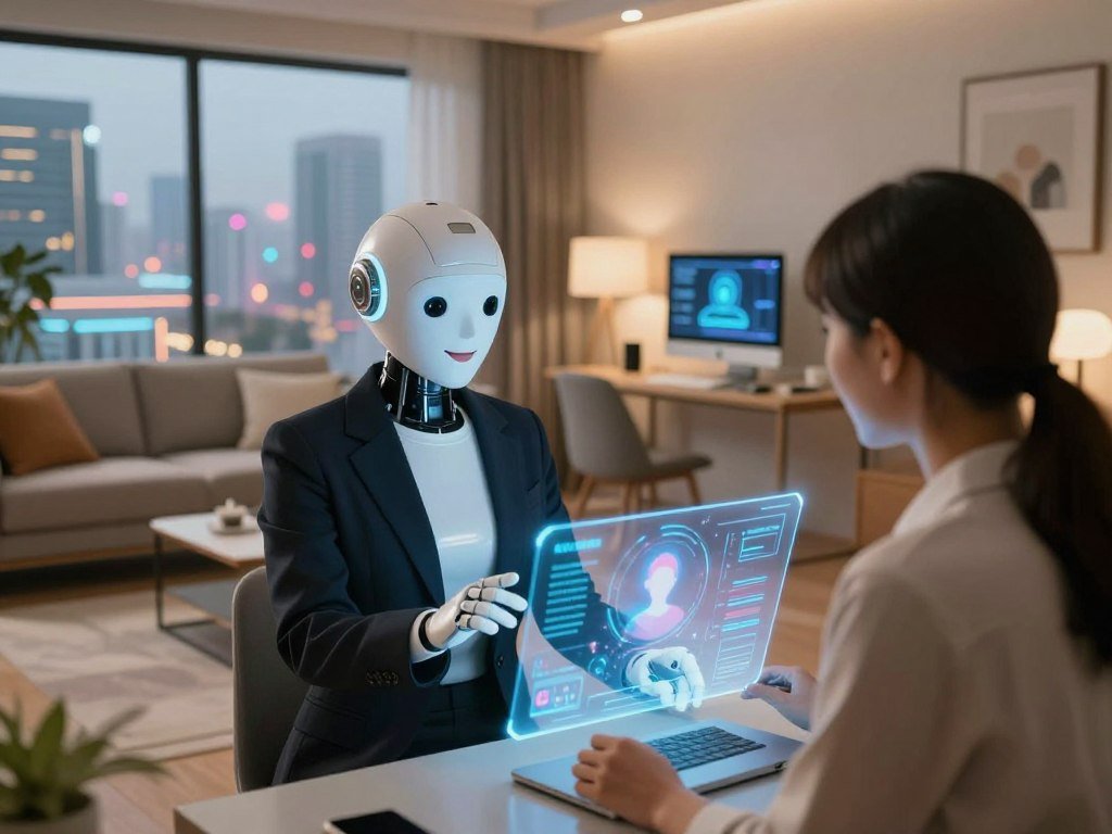 A futuristic living room filled with soft, ambient lighting that creates a cozy atmosphere. In the foreground, an elegant and friendly AI virtual companion, depicted as a humanoid figure in professional business attire, is interacting with a user, showcasing a holographic user interface with vibrant graphics. The middle section features modern furniture and a sleek computer setup, emphasizing a blend of technology and comfort. The background reveals a large window with a view of a technologically advanced cityscape, hinting at a bright future. The overall mood is warm and inviting, symbolizing the companionship and support provided by virtual assistants like Sexlove.ai, as they help users navigate their daily lives. The angle is slightly tilted from above, giving a comprehensive view of the interaction. - The Ultimate Guide to AI Girlfriends-Sexlove.ai A futuristic living room filled with soft ambient lighting that creates a cozy atmosphere In the foreground an elegant and friendly AI virtual companion depicted as a humanoid figure in professional business attire is interacting with a user showcasing a holographic user interface with vibrant graphics The middle section features modern furniture and a sleek computer setup emphasizing a blend of technology and comfort The background reveals a large window with a view of a technologically advanced cityscape hinting at a bright future The overall mood is warm and inviting symbolizing the companionship and support provided by virtual assistants like Sexloveai as they help users navigate their daily lives The angle is slightly tilted from above giving a comprehensive view of the interaction