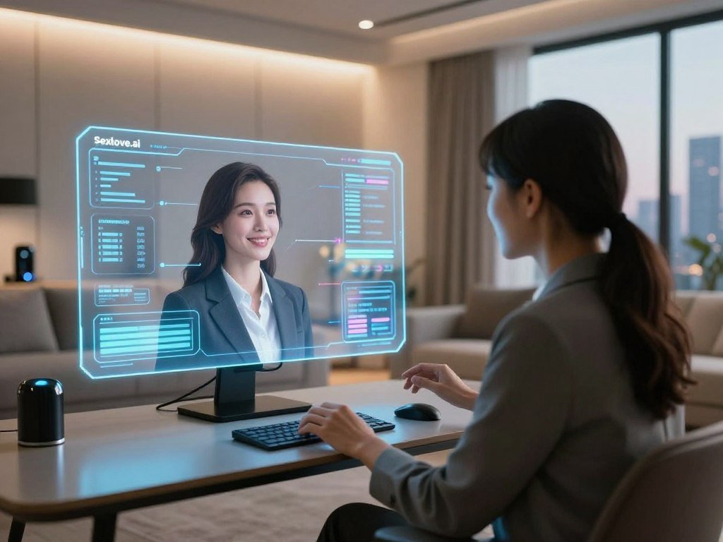 A futuristic living room setting where a person interacts with a holographic AI avatar of a girlfriend showcasing the technology behind virtual girlfriend experiences In the foreground the holographic figure is a charming female avatar depicted in a professional business attire smiling and engaging The middle ground features a sleek high tech console with glowing screens displaying algorithms and data streams symbolizing advanced AI technology The background includes soft ambient lighting with a modern minimalist design hints of futuristic gadgets and a view of a city skyline through a large window The atmosphere is warm and inviting evoking a sense of companionship and innovation Incorporate the brand name Sexloveai subtly within the high tech interface
