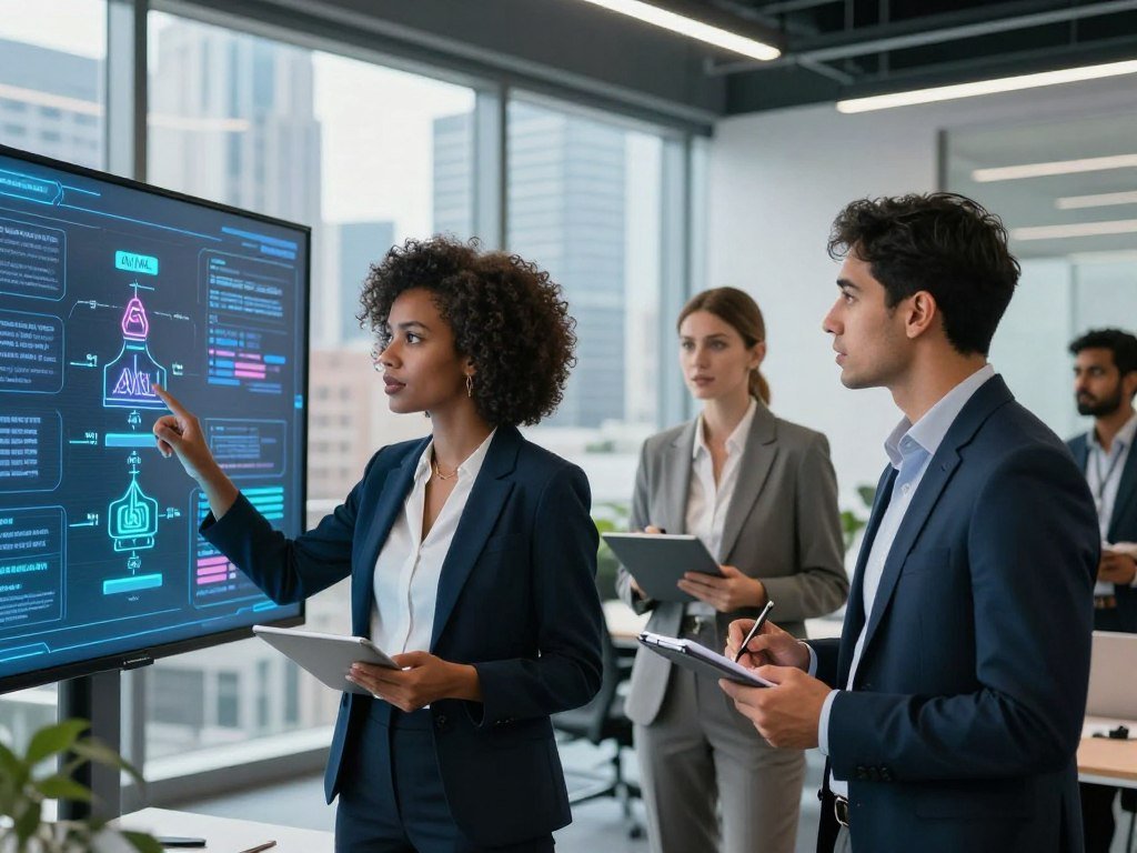 A futuristic office scene featuring a diverse group of professionals in business attire focused on navigating various AI and ML career paths In the foreground a confident Black woman is pointing at a digital display showing career progression in AIML while a Hispanic man takes notes on a tablet In the middle ground a white woman is deep in conversation with a South Asian man both analyzing annotated diagrams of AI architectures and project setups The background highlights a vibrant city skyline through large glass windows symbolizing growth and opportunity Soft natural lighting fills the room enhancing the collaborative atmosphere The scene should inspire determination and innovation showcasing a dynamic workspace where ideas thrive Brand name Sexloveai