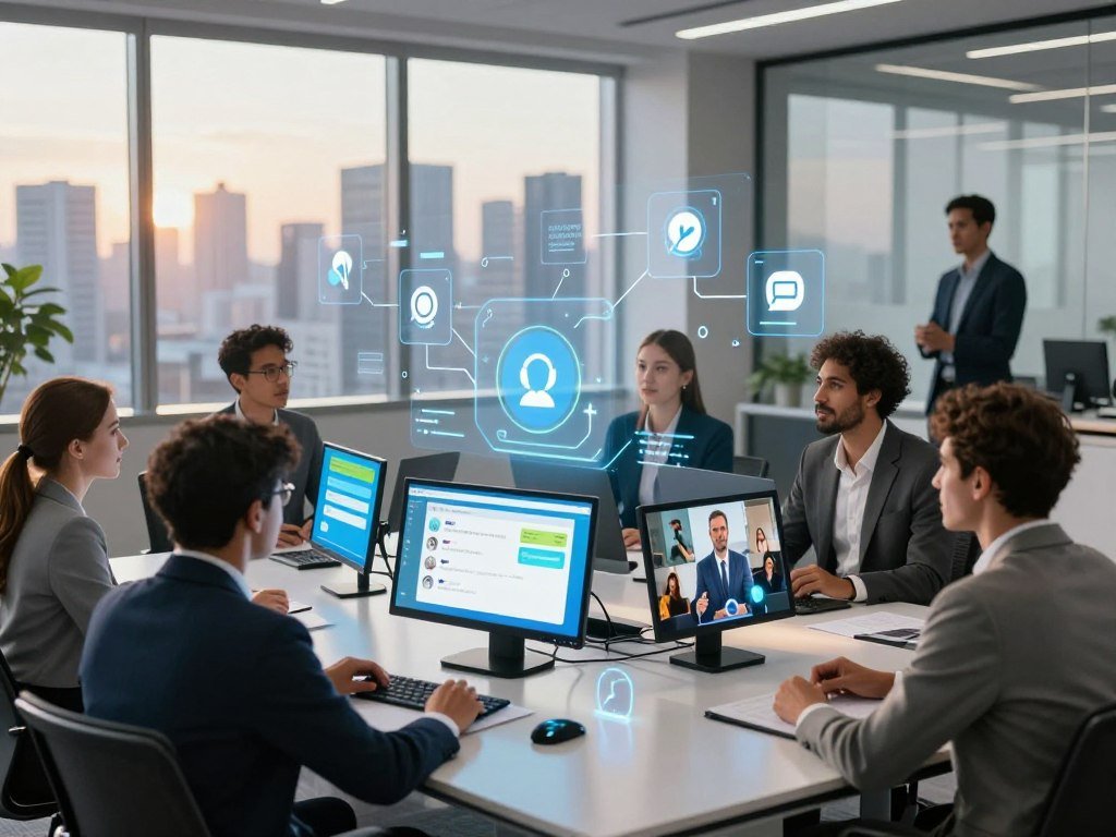 A futuristic office setting showcasing the integration of various multi-modal communication channels. In the foreground, a diverse group of professionals dressed in business attire is engaged in a lively discussion around a sleek, modern conference table equipped with advanced technology displays illustrating chat interfaces, video calls, and augmented reality interactions. The middle ground features holographic screens displaying interconnected icons symbolizing voice, text, and video communication, while a digital assistant interface glows softly beside them. The background shows panoramic windows with a city skyline, bathed in warm afternoon light that creates an inviting atmosphere. The overall mood is dynamic and collaborative, reflecting innovation in communication technology. Include visual branding elements of "Sexlove.ai" subtly integrated into the technology displays. - The Ultimate Guide to AI Girlfriends-Sexlove.ai A futuristic office setting showcasing the integration of various multi modal communication channels In the foreground a diverse group of professionals dressed in business attire is engaged in a lively discussion around a sleek modern conference table equipped with advanced technology displays illustrating chat interfaces video calls and augmented reality interactions The middle ground features holographic screens displaying interconnected icons symbolizing voice text and video communication while a digital assistant interface glows softly beside them The background shows panoramic windows with a city skyline bathed in warm afternoon light that creates an inviting atmosphere The overall mood is dynamic and collaborative reflecting innovation in communication technology Include visual branding elements of Sexloveai subtly integrated into the technology displays