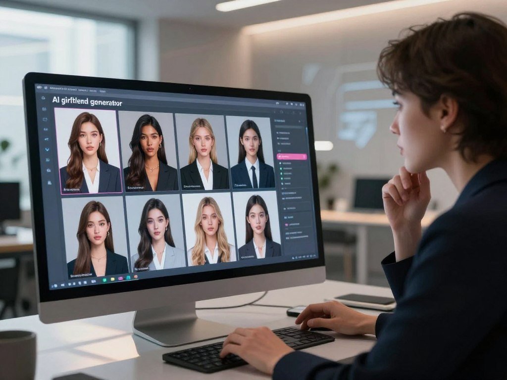 A futuristic scene illustrating the concept of an AI girlfriend generator In the foreground a sleek computer interface displays various virtual female avatars showcasing diverse features and styles all elegantly designed and dressed in professional business attire The middle ground features a person depicted as a thoughtful user interacting with the interface their expression one of curiosity and wonder The background includes a modern tech inspired room with soft ambient lighting emphasizing a sophisticated and inviting atmosphere Light filters through futuristic windows casting gentle patterns on the floor The overall mood is one of exploration and innovation capturing the essence of the journey with an AI girlfriend generator branded with the logo Sexloveai subtly integrated into the design