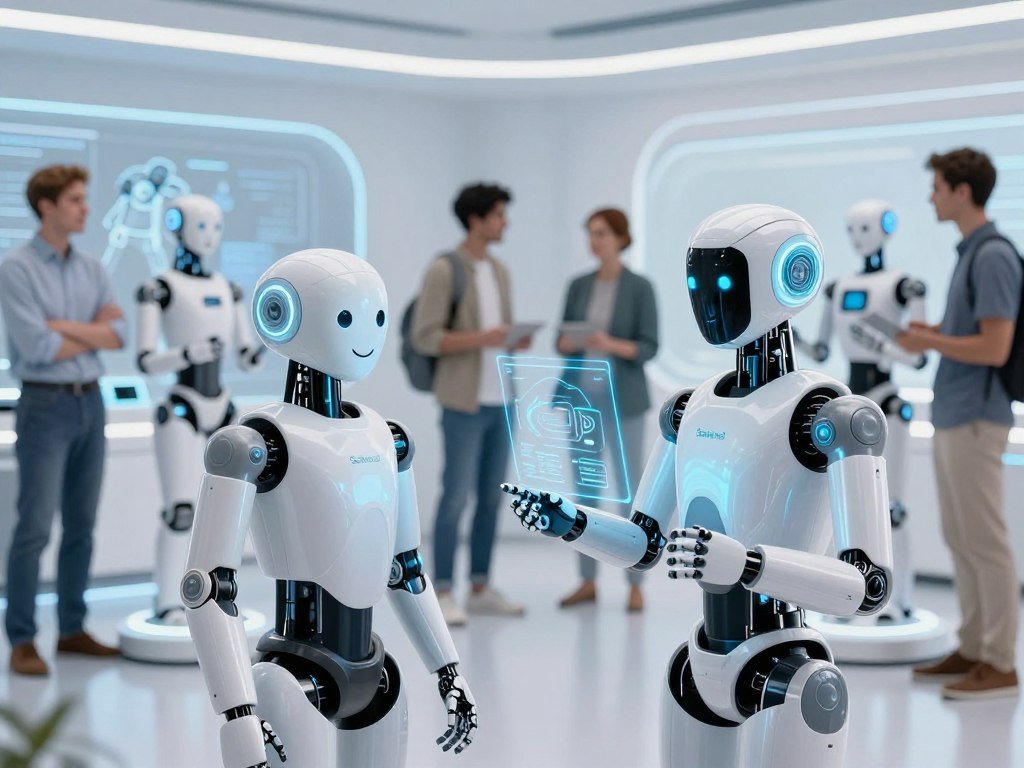 A futuristic scene showcasing the evolution of companion robotics. In the foreground, two elegantly designed AI robot companions interact, one resembling a sleek, humanoid figure with a friendly smile and the other a more advanced model with interactive holographic features. Both robots exhibit light metallic finishes, reflecting a soft glow. In the middle ground, a diverse group of humans in smart casual attire observes and engages with various robotic prototypes, showcasing the transition from simple machines to sophisticated companions. The background features a modern tech environment with screens displaying robotic advancements and a bright, high-tech ambiance with soft blue and white lighting. The overall mood is innovative and optimistic, emphasizing the harmonious relationship between humans and technology, symbolizing the brand "Sexlove.ai". - The Ultimate Guide to AI Girlfriends-Sexlove.ai A futuristic scene showcasing the evolution of companion robotics In the foreground two elegantly designed AI robot companions interact one resembling a sleek humanoid figure with a friendly smile and the other a more advanced model with interactive holographic features Both robots exhibit light metallic finishes reflecting a soft glow In the middle ground a diverse group of humans in smart casual attire observes and engages with various robotic prototypes showcasing the transition from simple machines to sophisticated companions The background features a modern tech environment with screens displaying robotic advancements and a bright high tech ambiance with soft blue and white lighting The overall mood is innovative and optimistic emphasizing the harmonious relationship between humans and technology symbolizing the brand Sexloveai