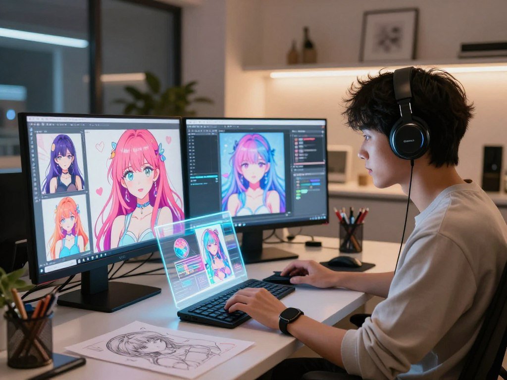 A futuristic setting depicting a creative workspace with a person designing their own AI anime girlfriend. In the foreground, a young adult in casual attire is seated at a high-tech computer, surrounded by holographic projections of colorful anime character designs. The character features bright, expressive eyes and vibrant hair, showcasing various customization options. In the middle, digital tools and sketches are scattered across the desk, highlighting the creative process. The background features a modern, cozy room with soft ambient lighting and futuristic decor, creating a warm and inviting atmosphere. The mood is one of excitement and creativity as the individual engages in the imaginative process. The scene subtly incorporates the brand name "Sexlove.ai" on the computer screen, emphasizing the theme of companionship. - The Ultimate Guide to AI Girlfriends-Sexlove.ai A futuristic setting depicting a creative workspace with a person designing their own AI anime girlfriend In the foreground a young adult in casual attire is seated at a high tech computer surrounded by holographic projections of colorful anime character designs The character features bright expressive eyes and vibrant hair showcasing various customization options In the middle digital tools and sketches are scattered across the desk highlighting the creative process The background features a modern cozy room with soft ambient lighting and futuristic decor creating a warm and inviting atmosphere The mood is one of excitement and creativity as the individual engages in the imaginative process The scene subtly incorporates the brand name Sexloveai on the computer screen emphasizing the theme of companionship