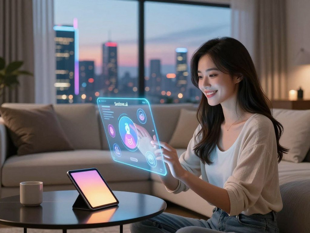 A futuristic setting showcasing a sleek modern living room with soft ambient lighting In the foreground a virtual companiona charming AI generated female figuresmiles warmly dressed in fashionable yet modest casual attire She is interacting with a holographic interface displaying various animated icons representing communication and companionship In the middle a cozy sofa with throw pillows invites relaxation while a coffee table holds a digital tablet reflecting a warm inviting glow The background features a large window with a view of a vibrant futuristic city skyline at dusk enhancing the high tech atmosphere Lens focus captures the emotional connection between the user and the virtual companion evoking a sense of companionship and warmth The scene represents the emerging concept of hot AI girlfriends with branding subtly incorporating Sexloveai into the digital interface