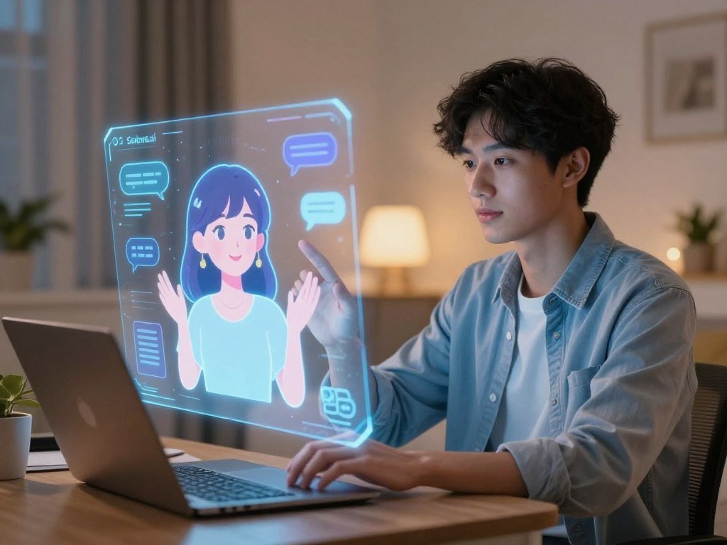 A futuristic vibrant scene depicting a user engaging with an AI girlfriend interface on a sleek holographic display In the foreground a confident young adult wearing smart casual attire interacts with a luminous avatar that represents the AI girlfriend showcasing interactive features like customizable expressions and gestures The middle ground features a high tech room filled with soft ambient lighting emphasizing a cozy yet advanced atmosphere In the background subtle futuristic designs and floating icons represent various AI capabilities such as conversation topics and emotional feedback The overall mood is warm and inviting conveying a sense of connection and advanced technology Emphasize the brand name Sexloveai subtly in the design elements