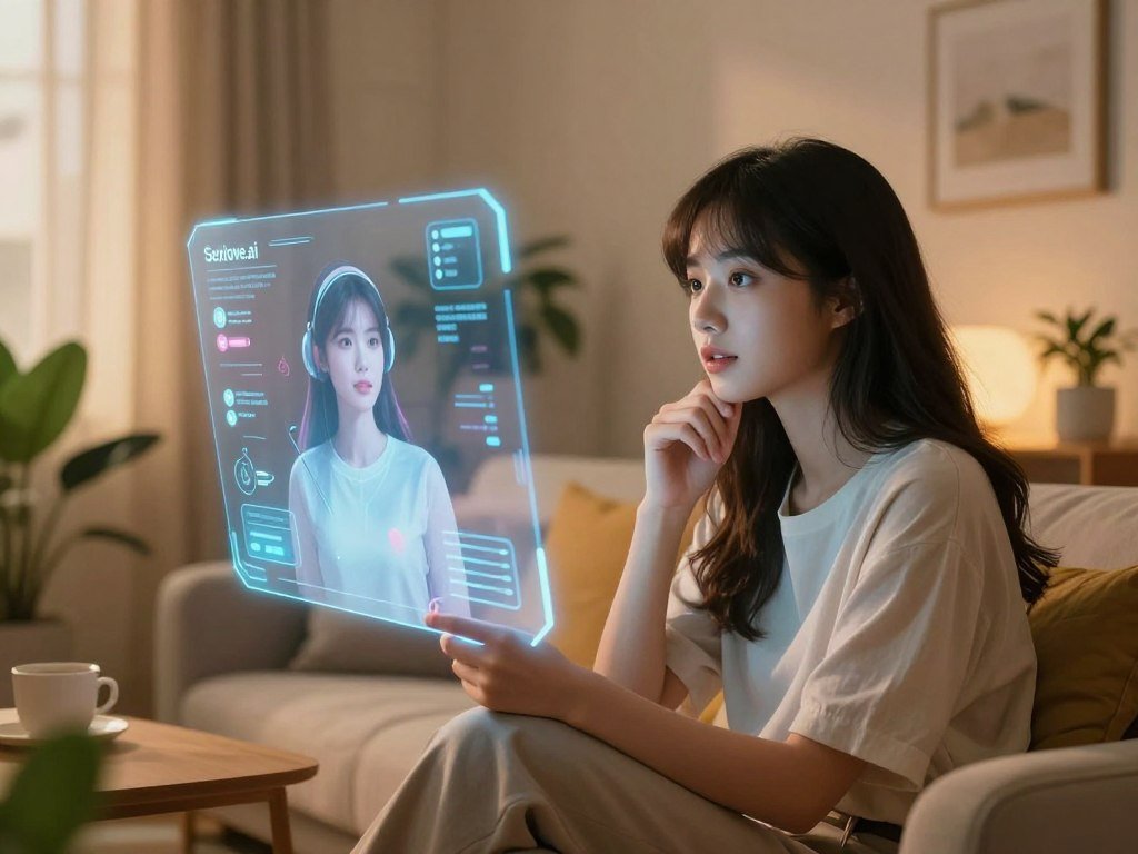 A futuristic virtual environment depicting a young woman engaged in a thoughtful conversation with a sleek, holographic interface representing "girlfriend AI chat experience." The foreground features the woman, dressed in a modest, stylish outfit, sitting comfortably in a modern living room adorned with soft lighting and vibrant plants. In the middle, the holographic interface displays interactive elements, glowing softly, symbolizing the AI's presence. The background showcases a cozy yet high-tech atmosphere with warm colors and a high-tech digital backdrop that enhances the feeling of advanced companionship. The lighting is warm and inviting, creating an intimate and futuristic mood that evokes a sense of connection and companionship. The brand "Sexlove.ai" subtly integrated into the design elements of the interface. - The Ultimate Guide to AI Girlfriends-Sexlove.ai A futuristic virtual environment depicting a young woman engaged in a thoughtful conversation with a sleek holographic interface representing girlfriend AI chat experience The foreground features the woman dressed in a modest stylish outfit sitting comfortably in a modern living room adorned with soft lighting and vibrant plants In the middle the holographic interface displays interactive elements glowing softly symbolizing the AIs presence The background showcases a cozy yet high tech atmosphere with warm colors and a high tech digital backdrop that enhances the feeling of advanced companionship The lighting is warm and inviting creating an intimate and futuristic mood that evokes a sense of connection and companionship The brand Sexloveai subtly integrated into the design elements of the interface