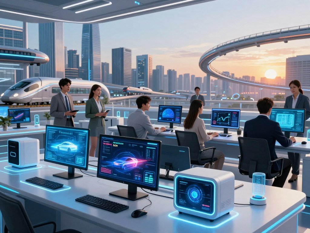 A futuristic workspace filled with advanced technology and models showcasing speed and efficiency In the foreground sleek high tech devices like holographic displays and AI driven interfaces are illuminated with cool blue lighting enhancing a sense of innovation The middle layer features diverse professionals in business attire collaborating around a digital table analyzing data visualizations that highlight rapid AI response rates In the background a modern city skyline with dynamic transportation systems symbolizes progress under a clear sky with the warm glow of sunset reflecting optimism and future possibilities The atmosphere is vibrant and energetic with a focus on teamwork and cutting edge advancements subtly integrating the brand name Sexloveai into the design of the workspace elements