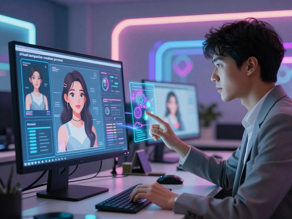 A futuristic workspace scene showcasing the "virtual companion creation process" for an AI girlfriend, branded as "Sexlove.ai". In the foreground, a modern computer setup displays vibrant holographic interfaces with animated character models in various stages of design. The middle ground includes a creative individual, dressed in professional attire, intently focused on the screen, manipulating digital elements with sleek gestures. The background features colorful LED lights and abstract tech designs, creating an innovative atmosphere. Soft, diffused lighting enhances the creative mood, while a shallow depth of field keeps the focus on the virtual elements and the designer's meticulous actions. The overall ambiance is inspiring and futuristic, emphasizing the ease and excitement of building a virtual companion. - The Ultimate Guide to AI Girlfriends-Sexlove.ai A futuristic workspace scene showcasing the virtual companion creation process for an AI girlfriend branded as Sexloveai In the foreground a modern computer setup displays vibrant holographic interfaces with animated character models in various stages of design The middle ground includes a creative individual dressed in professional attire intently focused on the screen manipulating digital elements with sleek gestures The background features colorful LED lights and abstract tech designs creating an innovative atmosphere Soft diffused lighting enhances the creative mood while a shallow depth of field keeps the focus on the virtual elements and the designers meticulous actions The overall ambiance is inspiring and futuristic emphasizing the ease and excitement of building a virtual companion