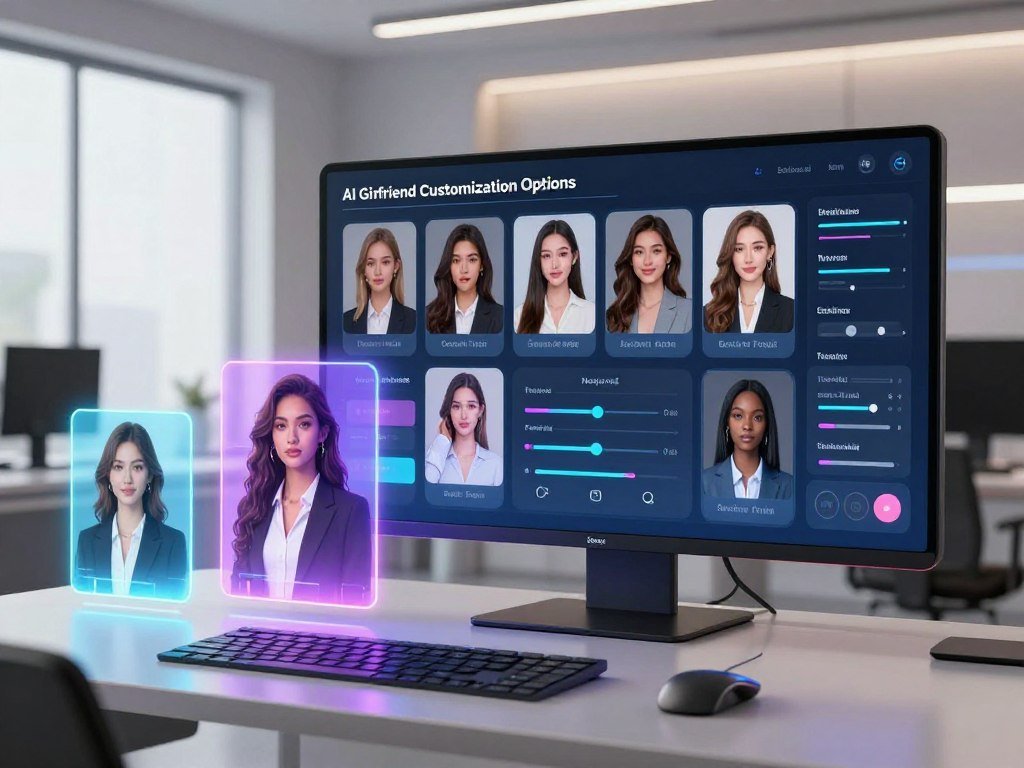A futuristic workspace showcasing AI Girlfriend Customization Options featuring a sleek high tech interface with various models and customizable features In the foreground vibrant holograms of diverse AI avatars in professional business attire display different looks hair styles and clothing options The middle ground includes an interactive touchscreen with sliders and options for personality traits voice tones and appearance adjustments all illuminated with soft ambient lighting The background features a modern minimalist room with large windows allowing natural light to create a welcoming atmosphere The overall mood is friendly and innovative emphasizing creativity and personalization in technology The branding Sexloveai is subtly integrated into the design of the interface without overt visibility