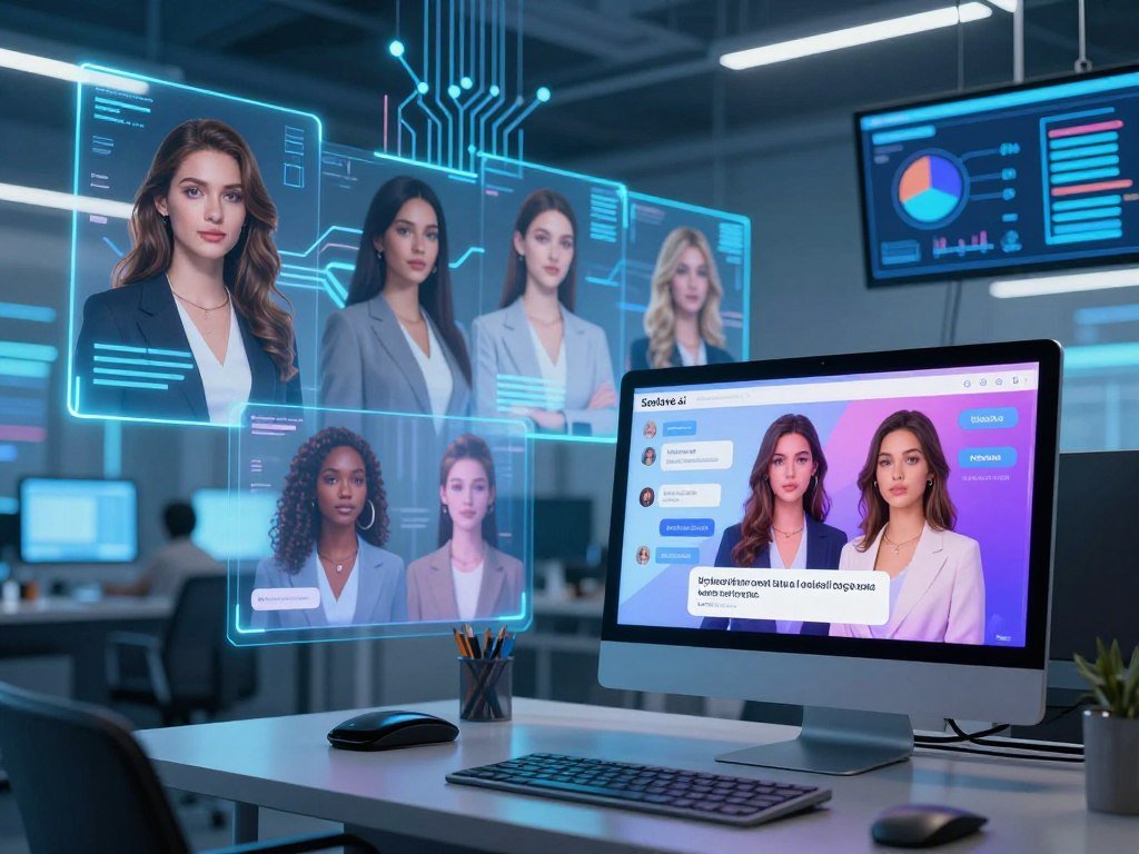 A futuristic workspace showcasing advanced technology for AI girlfriend generators. In the foreground, a sleek, modern computer setup displays a vibrant interface of Sexlove.ai, featuring digital avatars and chatbot interactions. The middle section includes holographic projections of various virtual girlfriends, each rendered with realistic facial expressions and diverse appearances, dressed in professional business attire. The background features an inspiring tech environment, with soft blue ambient lighting, illuminated circuit boards, and interactive screens displaying graphs and AI algorithms. The atmosphere is innovative and engaging, emphasizing the concept of realistic chatting through AI technology. Captured from a slight low angle to create a sense of dynamism and depth. - The Ultimate Guide to AI Girlfriends-Sexlove.ai A futuristic workspace showcasing advanced technology for AI girlfriend generators In the foreground a sleek modern computer setup displays a vibrant interface of Sexloveai featuring digital avatars and chatbot interactions The middle section includes holographic projections of various virtual girlfriends each rendered with realistic facial expressions and diverse appearances dressed in professional business attire The background features an inspiring tech environment with soft blue ambient lighting illuminated circuit boards and interactive screens displaying graphs and AI algorithms The atmosphere is innovative and engaging emphasizing the concept of realistic chatting through AI technology Captured from a slight low angle to create a sense of dynamism and depth