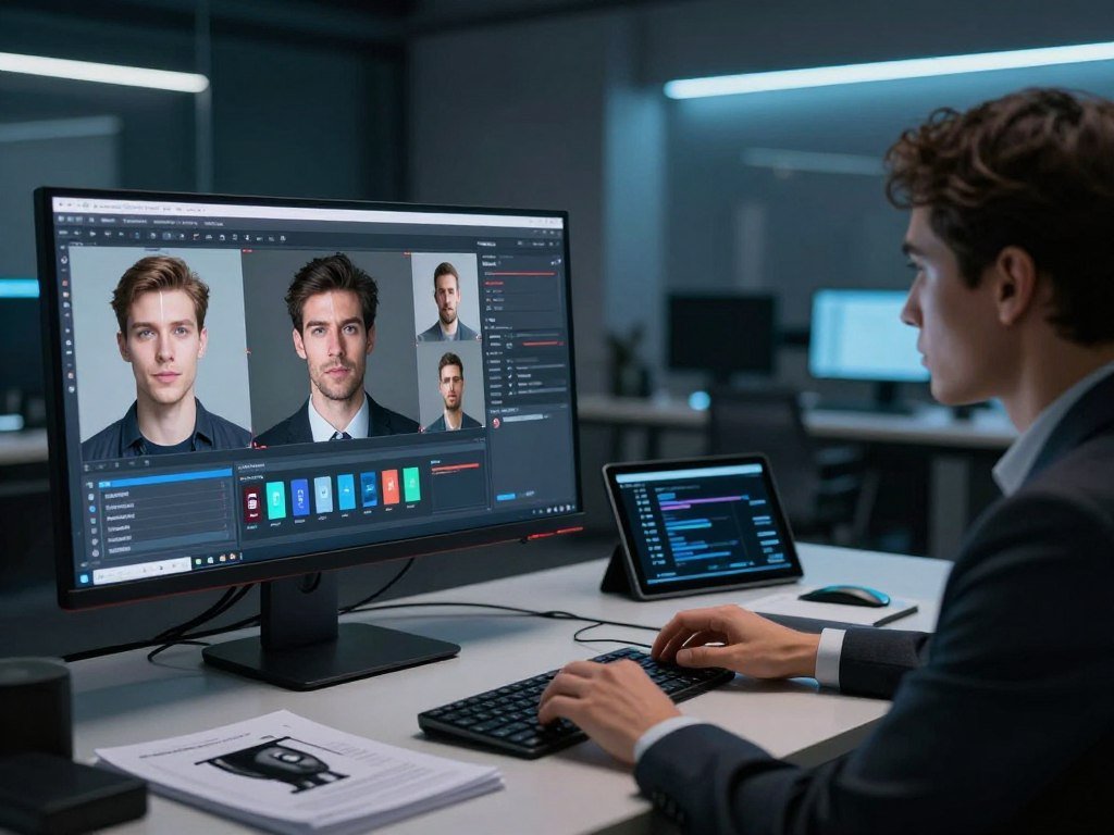 A futuristic workspace showcasing deepfake video creation tools in action. In the foreground, a sleek computer monitor displays complex software interfaces with realistic face morphing, showcasing diverse human faces seamlessly transitioning. A person in professional business attire, focused on the screen, adjusts settings with precision, reflecting curiosity and expertise. In the middle layer, a table cluttered with high-tech gadgets, software manuals, and digital tablets, creates a sense of innovation and creativity. The background features dim, ambient lighting, accentuated by a glowing LED light strip that casts a soft blue hue, adding a high-tech atmosphere. The environment suggests a blend of creativity and technology, suitable for mastering AI deepfake tools and techniques. The brand name "Sexlove.ai" is subtly integrated into a design element on the screen. A futuristic workspace showcasing deepfake video creation tools in action. In the foreground, a sleek computer monitor displays complex software interfaces with realistic face morphing, showcasing diverse human faces seamlessly transitioning. A person in professional business attire, focused on the screen, adjusts settings with precision, reflecting curiosity and expertise. In the middle layer, a table cluttered with high-tech gadgets, software manuals, and digital tablets, creates a sense of innovation and creativity. The background features dim, ambient lighting, accentuated by a glowing LED light strip that casts a soft blue hue, adding a high-tech atmosphere. The environment suggests a blend of creativity and technology, suitable for mastering AI deepfake tools and techniques. The brand name "Sexlove.ai" is subtly integrated into a design element on the screen.