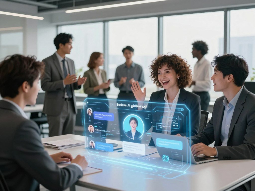 A futuristic workspace showcasing the innovative features of the Sexloveai girlfriend AI chatbot In the foreground a sleek interactive holographic interface displays various chatbot features like emotional response personalized engagement and intelligent conversation prompts The middle ground features a diverse group of people in professional business attire engaged in discussions about AI technology and its benefits with bright expressions and gestures of excitement The background has a modern office setting with large windows letting in soft natural light creating a warm atmosphere Incorporate high tech aesthetic details like digital screens and AI symbols subtly integrated into the design The lighting is bright yet soft evoking a sense of optimism and innovation captured with a wide angle lens for an immersive perspective