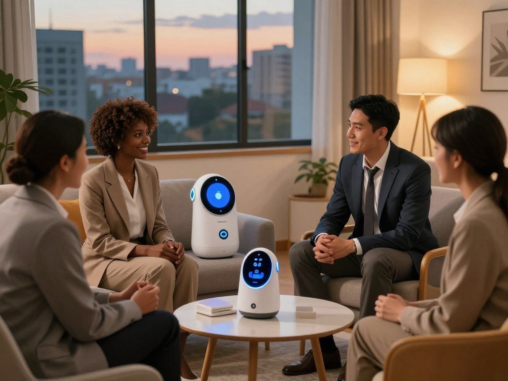 A harmonious scene featuring a diverse group of individuals showcasing various companionship options in a cozy, modern living space. In the foreground, three friends are engaged in friendly conversation, dressed in professional business attire that reflects their unique cultural backgrounds and personalities. The middle ground displays a cozy armchair with an AI chatbot device, glowing softly to signify interaction. In the background, a large window reveals a serene cityscape at dusk, with warm ambient lighting casting a welcoming glow throughout the room. The overall atmosphere is warm and inviting, suggesting connection and friendship. The brand name "Sexlove.ai" is subtly integrated into the design elements of the space. The image captures the theme of inclusivity and companionship across various preferences, emphasizing positivity and connection. - The Ultimate Guide to AI Girlfriends-Sexlove.ai A harmonious scene featuring a diverse group of individuals showcasing various companionship options in a cozy modern living space In the foreground three friends are engaged in friendly conversation dressed in professional business attire that reflects their unique cultural backgrounds and personalities The middle ground displays a cozy armchair with an AI chatbot device glowing softly to signify interaction In the background a large window reveals a serene cityscape at dusk with warm ambient lighting casting a welcoming glow throughout the room The overall atmosphere is warm and inviting suggesting connection and friendship The brand name Sexloveai is subtly integrated into the design elements of the space The image captures the theme of inclusivity and companionship across various preferences emphasizing positivity and connection