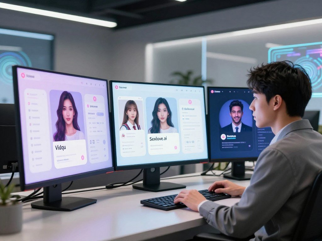 A high-tech comparative analysis of AI girlfriend platforms, featuring three distinct virtual interfaces side by side. In the foreground, sleek digital screens showcase the platforms 'Vidqu', 'Sexlove.ai', and a generic competitor. Each screen displays unique user interface elements and avatars, with a soft glowing effect that emphasizes their individuality. In the middle ground, a professional-looking individual in smart casual attire is observing the screens with an analytical expression, representing a user or researcher. The background should depict a modern office space with futuristic design elements, such as holographic displays and abstract tech art. The lighting is bright and focused on the screens, creating an engaging atmosphere of exploration and innovation in the realm of AI companionship. - The Ultimate Guide to AI Girlfriends-Sexlove.ai A high tech comparative analysis of AI girlfriend platforms featuring three distinct virtual interfaces side by side In the foreground sleek digital screens showcase the platforms Vidqu Sexloveai and a generic competitor Each screen displays unique user interface elements and avatars with a soft glowing effect that emphasizes their individuality In the middle ground a professional looking individual in smart casual attire is observing the screens with an analytical expression representing a user or researcher The background should depict a modern office space with futuristic design elements such as holographic displays and abstract tech art The lighting is bright and focused on the screens creating an engaging atmosphere of exploration and innovation in the realm of AI companionship