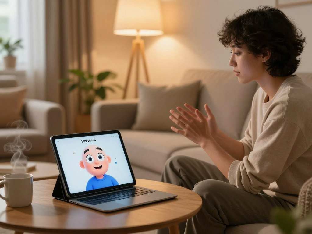 A modern cozy living room setting in warm inviting tones In the foreground a friendly virtual companion on a sleek tablet screen with an animated face expressing curiosity and empathy creating a sense of approachability To the side a relaxed individual sitting comfortably on a plush sofa in modest casual clothing engaged in conversation The middle ground features a coffee table with a steaming mug adding to the intimate atmosphere of connection The background includes soft lighting from a floor lamp casting a gentle glow with a few indoor plants enhancing the sense of tranquility Overall the mood is warm and engaging reflecting the essence of emotional intelligence in AI interactions The brand name Sexloveai subtly integrated into the devices interface without distracting from the conversation