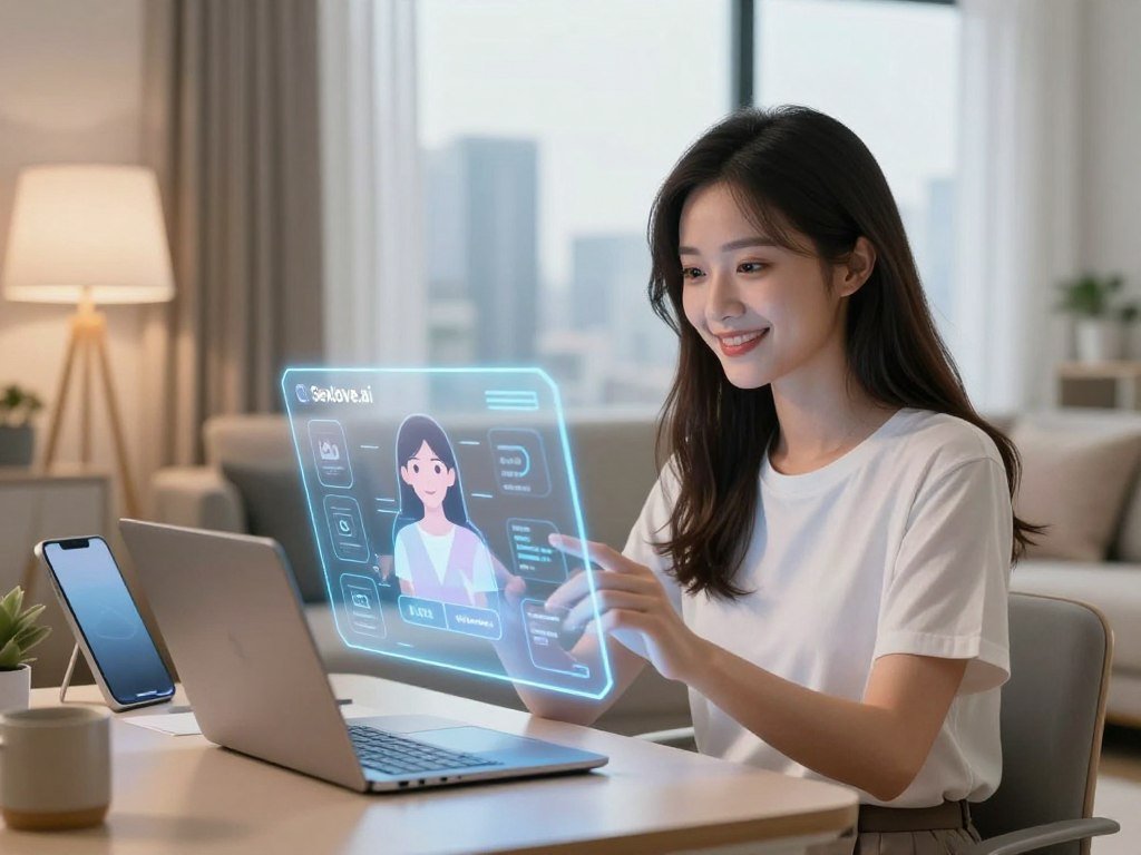 A modern, cozy room showcasing a personalized AI relationship experience. In the foreground, a stylishly dressed young woman with a friendly expression interacts with a holographic interface displaying customized features of her AI companion, highlighting options for appearance and personality traits. In the middle ground, various tech gadgets and soft ambient lighting create a warm, inviting atmosphere, emphasizing cutting-edge AI technology. In the background, a large window reveals an urban skyline, hinting at a futuristic city. The overall mood is intimate and engaging, suggesting a blend of technology and human connection. Utilize bright, soft lighting to enhance the welcoming feel. Brand name: Sexlove.ai. - The Ultimate Guide to AI Girlfriends-Sexlove.ai A modern cozy room showcasing a personalized AI relationship experience In the foreground a stylishly dressed young woman with a friendly expression interacts with a holographic interface displaying customized features of her AI companion highlighting options for appearance and personality traits In the middle ground various tech gadgets and soft ambient lighting create a warm inviting atmosphere emphasizing cutting edge AI technology In the background a large window reveals an urban skyline hinting at a futuristic city The overall mood is intimate and engaging suggesting a blend of technology and human connection Utilize bright soft lighting to enhance the welcoming feel Brand name Sexloveai