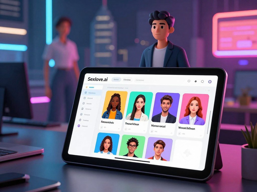 A modern digital workspace featuring a sleek interactive interface for customizing virtual companions In the foreground show a user friendly touchscreen displaying various customization options such as hairstyles clothing styles and personality traits presented in vibrant colors The middle ground includes an artistic representation of a stylized avatar showcasing diverse fashion choices from business attire to casual wear The background features a futuristic cityscape softly illuminated by neon lights enhancing the modern technology vibe The atmosphere is uplifting and imaginative emphasizing creativity and personalization Use dynamic lighting to highlight the touchscreen and the avatar with a lens focus on the interface to draw attention to the customization process The brand name Sexloveai subtly integrated into the interface design reflecting innovation in virtual companionship