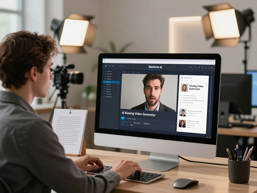 A modern digital workspace illustrating the concept of an AI Kissing Video Generator, with a sleek computer screen displaying an interface from "Sexlove.ai". In the foreground, a professional business person in modest attire is interacting with the software, their expression focused and intrigued. In the middle ground, other elements of a creative studio are visible: cameras, lighting equipment, and script notes hinting at the production of realistic romantic clips. The background features a softly lit room with contemporary decor, creating an inviting and innovative atmosphere. The lighting is bright but warm, highlighting the technological sophistication and emotional warmth of the service, suggesting a blend of modernity and romance perfect for creating engaging content. - The Ultimate Guide to AI Girlfriends-Sexlove.ai A modern digital workspace illustrating the concept of an AI Kissing Video Generator with a sleek computer screen displaying an interface from Sexloveai In the foreground a professional business person in modest attire is interacting with the software their expression focused and intrigued In the middle ground other elements of a creative studio are visible cameras lighting equipment and script notes hinting at the production of realistic romantic clips The background features a softly lit room with contemporary decor creating an inviting and innovative atmosphere The lighting is bright but warm highlighting the technological sophistication and emotional warmth of the service suggesting a blend of modernity and romance perfect for creating engaging content