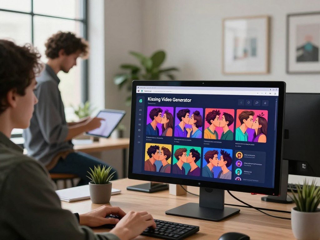 A modern, engaging workspace showcasing a high-tech "Kissing Video Generator" interface. In the foreground, a sleek computer monitor displays a vibrant, dynamic user interface of the AI software "Sexlove.ai", featuring colorful preview snapshots of animated kissing sequences. In the middle ground, a creative professional, dressed in smart casual attire, thoughtfully interacts with the software using a tablet, illuminated by soft, natural lighting from a nearby window. The background features a cozy, stylish office with minimalist decor, soft plants, and art that suggests innovation. The overall mood is one of creativity, technology, and intimacy, emphasizing a safe, professional atmosphere conducive to artistic exploration and collaboration. - The Ultimate Guide to AI Girlfriends-Sexlove.ai A modern engaging workspace showcasing a high tech Kissing Video Generator interface In the foreground a sleek computer monitor displays a vibrant dynamic user interface of the AI software Sexloveai featuring colorful preview snapshots of animated kissing sequences In the middle ground a creative professional dressed in smart casual attire thoughtfully interacts with the software using a tablet illuminated by soft natural lighting from a nearby window The background features a cozy stylish office with minimalist decor soft plants and art that suggests innovation The overall mood is one of creativity technology and intimacy emphasizing a safe professional atmosphere conducive to artistic exploration and collaboration