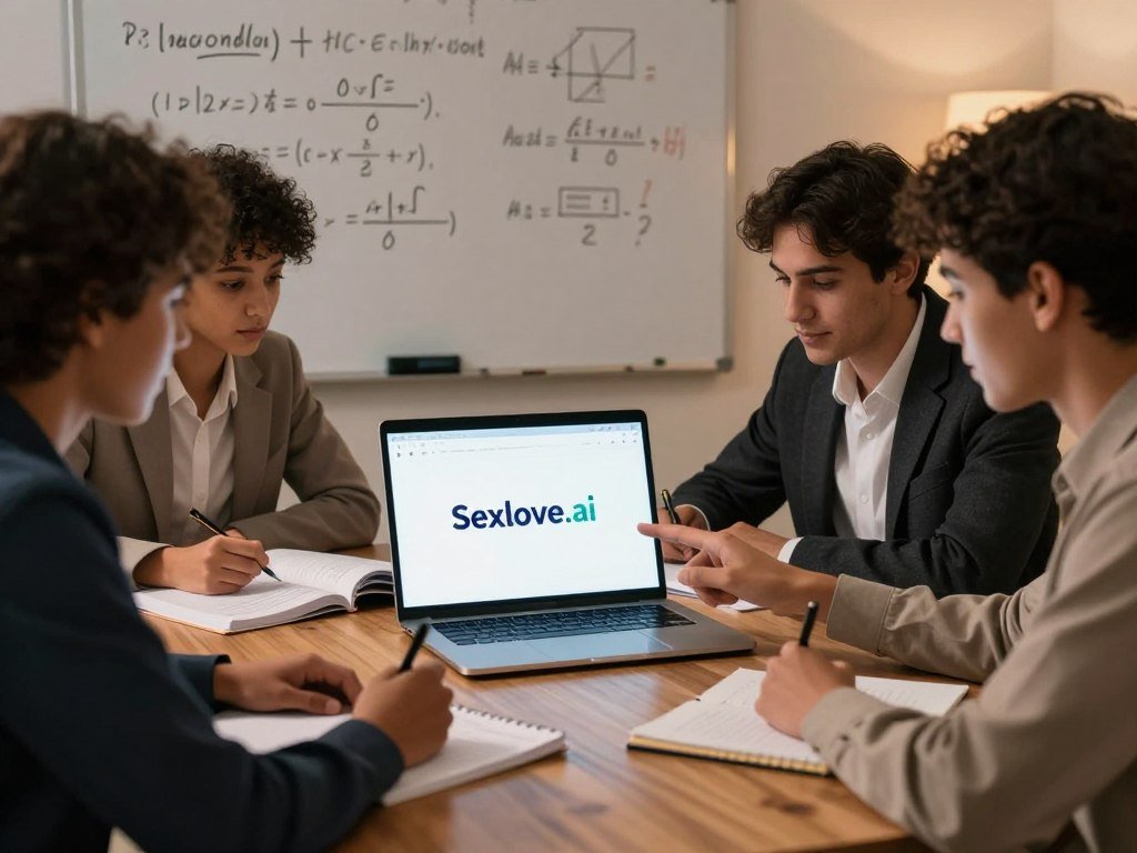 A modern home workspace featuring a sleek laptop on a wooden desk with a soft ambient glow The screen displays the Sexloveai logo emphasizing its cutting edge math problem solving capabilities In the foreground a diverse group of three students dressed in professional business attire collaborate over their homework with open textbooks and notes scattered around them One student enthusiastically points at the laptop screen while another takes notes Behind them a whiteboard filled with complex math equations adds depth The lighting is warm and inviting with soft shadows creating a productive atmosphere The overall mood is optimistic and focused highlighting the benefits of using the Sexloveai math problem solver app for efficient learning