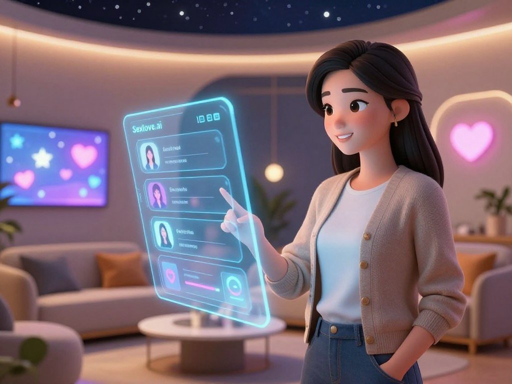 A modern inviting digital space where a customizable AI girlfriend interacts with a user In the foreground a sleek animated female virtual companion with soft features stylish attire and an engaging smile standing beside an advanced holographic interface showing various personalization options In the middle ground a cozy virtual lounge setting with stylish furniture soft ambient lighting and glowing screens displaying heartwarming elements like stars and hearts The background features a serene starry sky enhancing the atmosphere of connection and intimacy The scene employs warm lighting to create a friendly welcoming mood Shot from a medium angle to capture the interaction focusing on the engaging design of the virtual companion and the inviting environment Incorporate the brand name Sexloveai in subtle glowing text within the interface display