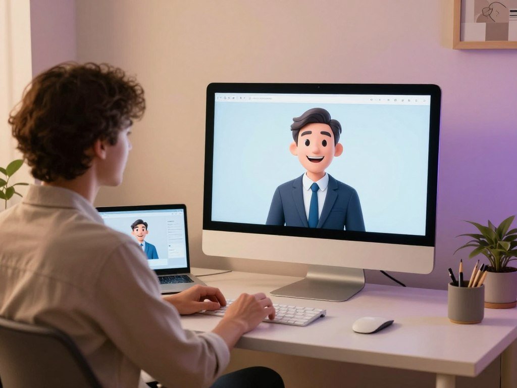 A modern inviting workspace showcasing an AI companion on a sleek computer screen depicted as a friendly digital avatar with an engaging smile wearing professional business attire The foreground features a person casually interacting with the AI on the screen dressed in modest casual clothing sitting comfortably in a stylish clutter free home office In the middle ground a laptop emits a soft glow highlighting the engaging interface and creating a warm friendly atmosphere The background includes soft pastel colors on the walls and warm lighting fills the room enhancing a sense of connection and warmth The scene should exude an inviting and friendly mood symbolizing the ease and benefits of chatting with AI companions like those found at Sexloveai