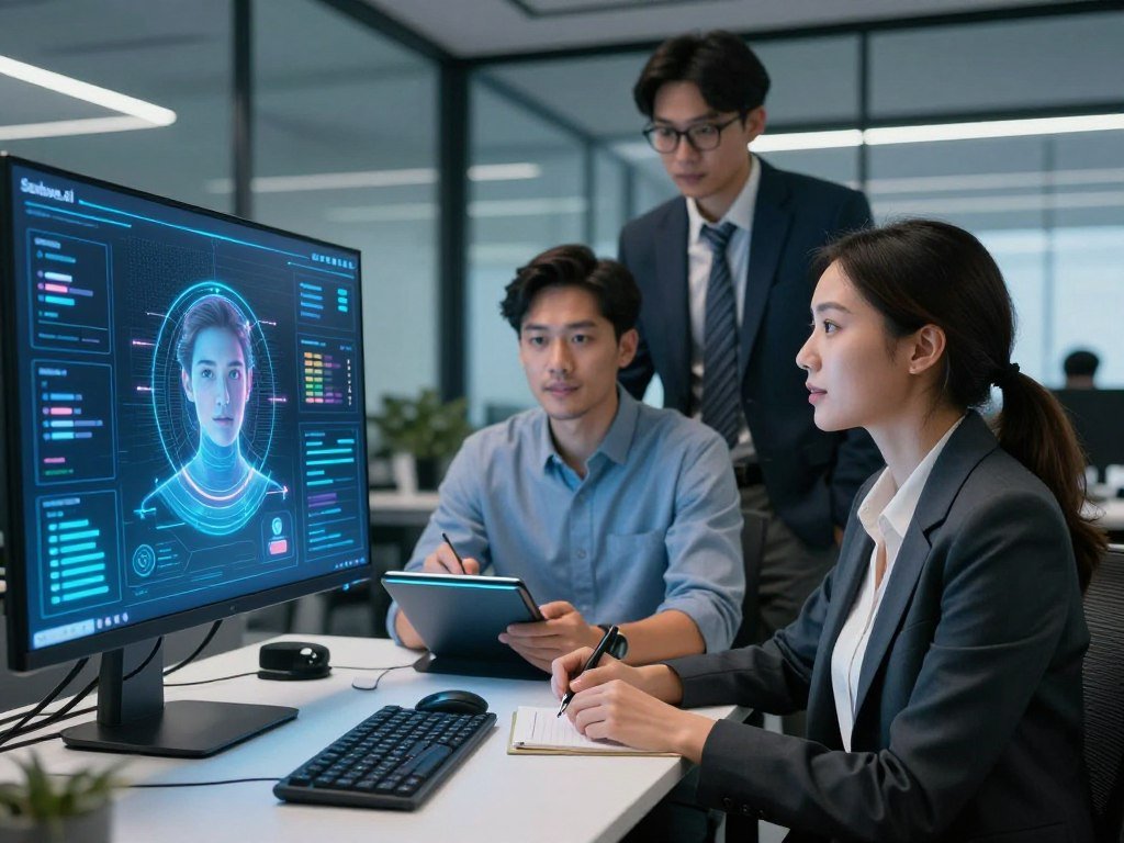A modern sleek tech workspace focused on conversation powered AI featuring a diverse group of three professionals engaged in lively discussion around an innovative digital interface In the foreground a woman in business attire is demonstrating a holographic AI assistant showcasing realistic facial expressions In the middle ground a man wearing smart casual clothing takes notes on a digital tablet while another colleague dressed in business formal attire analyzes data displayed on a large screen The background reveals a contemporary office with glass walls and soft blue lighting creating a high tech atmosphere The mood is dynamic and collaborative radiating innovation and camaraderie Include subtle branding for Sexloveai in the digital interface elements while ensuring it is elegant and unobtrusive