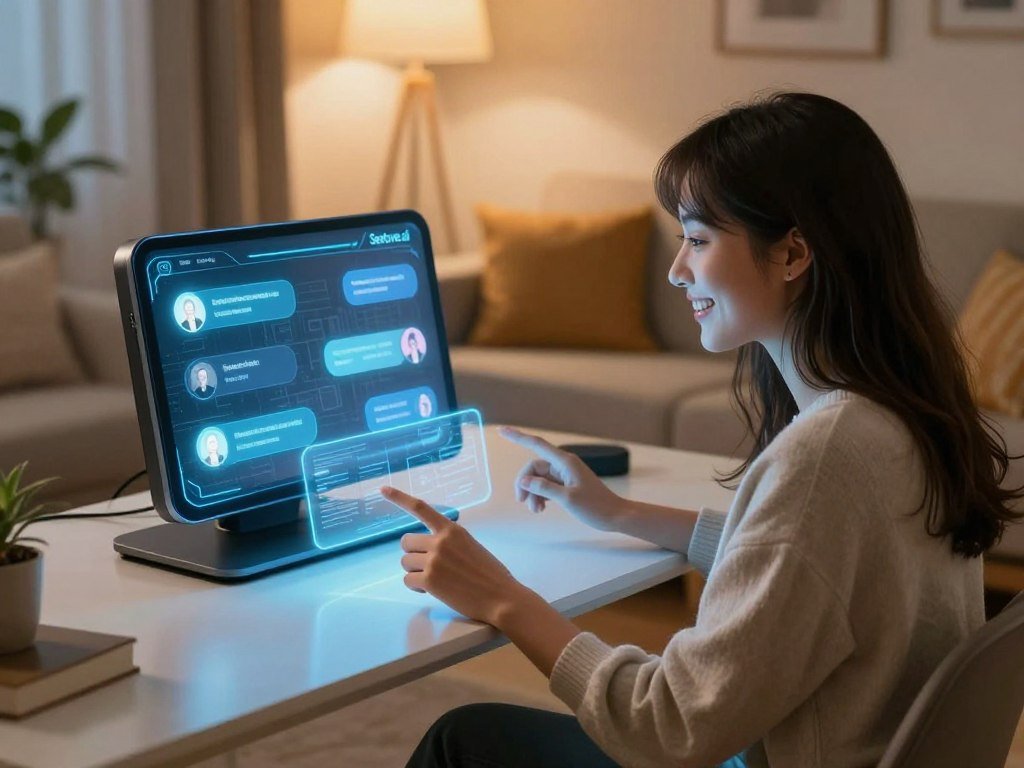 A modern virtual space showcasing an AI girlfriend chat experience. In the foreground, a stylish young woman with an inviting smile, wearing smart casual clothing, is engaging with a holographic interface displaying glowing icons of conversation topics. In the middle ground, a sleek, futuristic digital device sits on a polished desk, softly illuminated by ambient blue lighting, suggesting an intimate atmosphere. The background features a cozy room with soft pillows, plants, and warm lighting, providing a sense of comfort and connection. The overall mood is warm and inviting, evoking feelings of companionship and meaningful engagement. The brand "Sexlove.ai" is subtly integrated into the interface design. The image is captured from a slight high angle to emphasize the interaction while maintaining a nurturing vibe. - The Ultimate Guide to AI Girlfriends-Sexlove.ai A modern virtual space showcasing an AI girlfriend chat experience In the foreground a stylish young woman with an inviting smile wearing smart casual clothing is engaging with a holographic interface displaying glowing icons of conversation topics In the middle ground a sleek futuristic digital device sits on a polished desk softly illuminated by ambient blue lighting suggesting an intimate atmosphere The background features a cozy room with soft pillows plants and warm lighting providing a sense of comfort and connection The overall mood is warm and inviting evoking feelings of companionship and meaningful engagement The brand Sexloveai is subtly integrated into the interface design The image is captured from a slight high angle to emphasize the interaction while maintaining a nurturing vibe