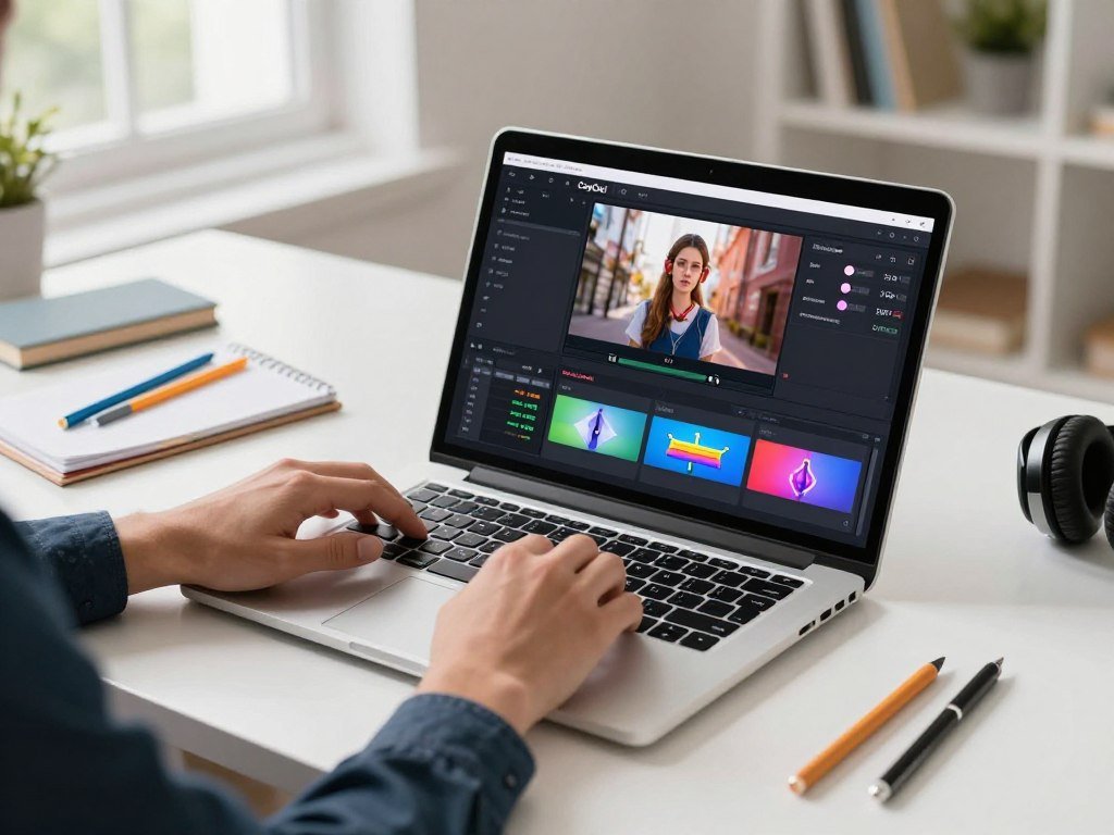 A modern workspace featuring the CapCut video editing interface on a sleek laptop screen, showcasing its innovative AI video tools. In the foreground, a person's hands, dressed in professional attire, are skillfully using the software, with vibrant icons depicting editing features and AI elements visibly highlighted on the screen. In the middle ground, a stylish desk cluttered with creative tools like a notepad, colorful pens, and headphones complements the digital theme. The background reveals a bright, well-lit room with natural light streaming in through large windows, enhancing the atmosphere of creativity and productivity. The overall mood is inspiring and dynamic, focusing on the future of video content creation. There are no captions or text overlays. - The Ultimate Guide to AI Girlfriends-Sexlove.ai A modern workspace featuring the CapCut video editing interface on a sleek laptop screen showcasing its innovative AI video tools In the foreground a persons hands dressed in professional attire are skillfully using the software with vibrant icons depicting editing features and AI elements visibly highlighted on the screen In the middle ground a stylish desk cluttered with creative tools like a notepad colorful pens and headphones complements the digital theme The background reveals a bright well lit room with natural light streaming in through large windows enhancing the atmosphere of creativity and productivity The overall mood is inspiring and dynamic focusing on the future of video content creation There are no captions or text overlays