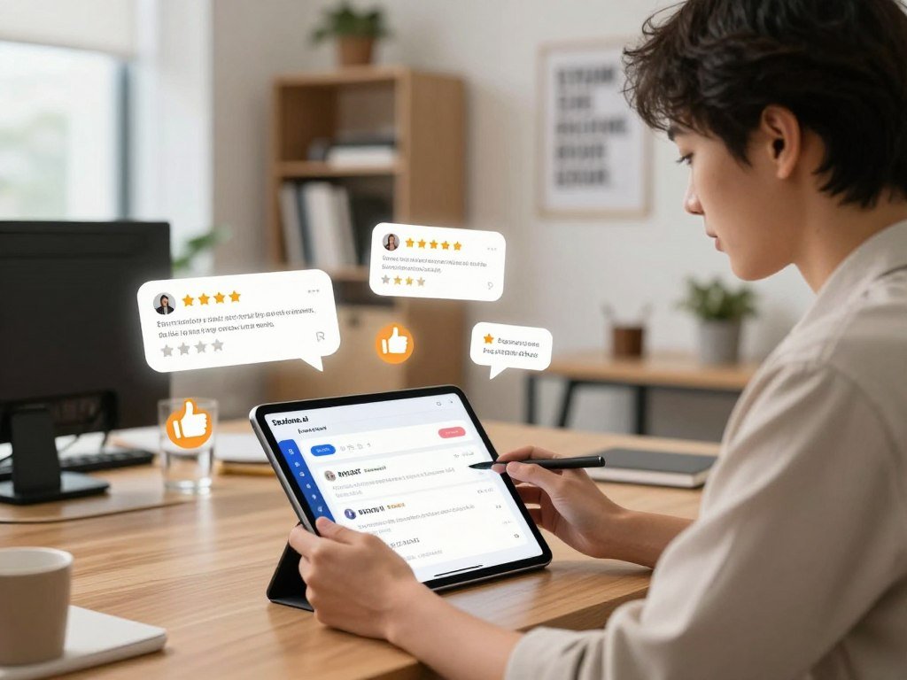 A modern workspace scene showcasing a user engaged with an AI math problem solver app on a tablet In the foreground a mid shot of a young professional dressed in business casual attire intently reviewing feedback and ratings on the app interface The middle ground features floating digital icons representing user reviews stars for ratings and animated thumbs up symbols giving a dynamic feel The background reveals a well lit contemporary office environment with an organized desk a bookshelf and a motivational poster Soft warm lighting enhances the atmosphere creating a sense of productivity and satisfaction The mood is positive and insightful emphasizing the apps reliability Brand name Sexloveai is subtly integrated into the app interface within the image focusing on the engaging design and user experience