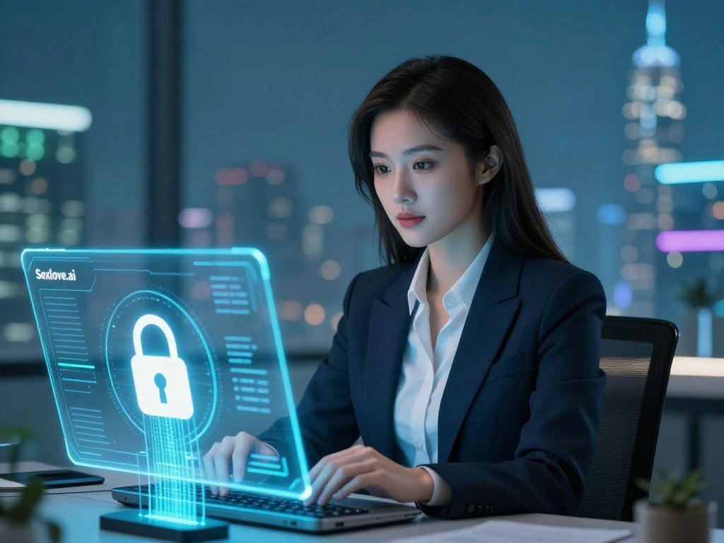 A secure digital environment representing the concept of "security and privacy" in the vidqu AI girlfriend platform, featuring a professional, serene atmosphere. In the foreground, a modern user interface display with a locking symbol and encrypted data streams pouring into it, symbolizing strong security measures. In the middle ground, a digital avatar of a stylish AI girlfriend, depicted wearing professional business attire, engaging with subtle expressions that evoke a sense of trust and companionship. The background features a soft-focus cityscape, illuminated with cool blue and green tones to convey technological advancement and safety. The lighting should be soft yet vibrant, mimicking the look of an advanced tech environment. The overall mood should reflect confidence, safety, and innovation, embodying the brand "Sexlove.ai". - The Ultimate Guide to AI Girlfriends-Sexlove.ai A secure digital environment representing the concept of security and privacy in the vidqu AI girlfriend platform featuring a professional serene atmosphere In the foreground a modern user interface display with a locking symbol and encrypted data streams pouring into it symbolizing strong security measures In the middle ground a digital avatar of a stylish AI girlfriend depicted wearing professional business attire engaging with subtle expressions that evoke a sense of trust and companionship The background features a soft focus cityscape illuminated with cool blue and green tones to convey technological advancement and safety The lighting should be soft yet vibrant mimicking the look of an advanced tech environment The overall mood should reflect confidence safety and innovation embodying the brand Sexloveai