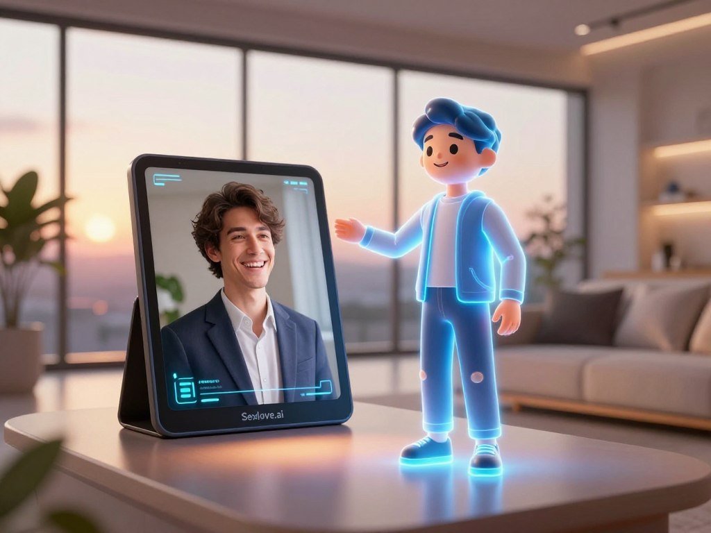 A serene and futuristic living space where a vibrant holographic figure stands beside a joyful person embodying the essence of companionship The holograph resembles a friendly lifelike figure with a warm smile dressed in professional business attire reflecting a modern aesthetic The foreground features soft illuminated furniture creating an inviting atmosphere while in the middle ground a sleek digital photo frame is displayed showcasing the transformation of a photograph into the holographic companion The background has large panoramic windows with a soft sunset glow casting gentle light across the scene The overall mood is uplifting and heartwarming conveying the joy of connecting with AI companions The brand Sexloveai subtly integrated into the digital interface surrounding the holographic figure enhances the futuristic theme