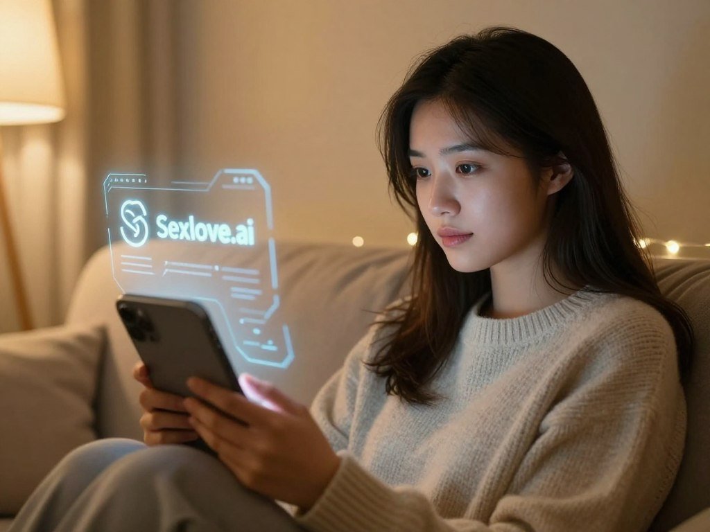 A serene and intimate digital space depicting a young woman with warm, inviting features, seated on a soft, plush sofa. She wears a cozy, modest sweater, conveying comfort and approachability. Her expression is tender and empathetic, suggesting deep emotional connection, as she gazes softly at her digital device, where an AI interface appears with gentle light effects. In the background, a glowing, holographic representation of the "Sexlove.ai" logo adds a touch of technological harmony. The room is warmly lit with soft yellow hues, creating a calming atmosphere, while fairy lights twinkle softly. The shot is a medium close-up, capturing the essence of a personal moment filled with warmth and emotional depth, highlighting the theme of connecting with an AI girlfriend. - The Ultimate Guide to AI Girlfriends-Sexlove.ai A serene and intimate digital space depicting a young woman with warm inviting features seated on a soft plush sofa She wears a cozy modest sweater conveying comfort and approachability Her expression is tender and empathetic suggesting deep emotional connection as she gazes softly at her digital device where an AI interface appears with gentle light effects In the background a glowing holographic representation of the Sexloveai logo adds a touch of technological harmony The room is warmly lit with soft yellow hues creating a calming atmosphere while fairy lights twinkle softly The shot is a medium close up capturing the essence of a personal moment filled with warmth and emotional depth highlighting the theme of connecting with an AI girlfriend