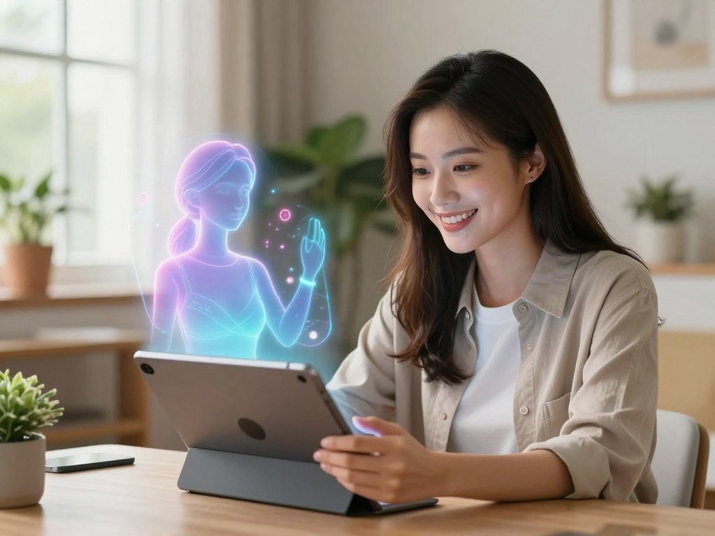 A serene and inviting digital environment showcasing a young woman engaging with a sophisticated virtual companion on a sleek, modern tablet. In the foreground, the woman, dressed in professional casual attire, displays a warm smile, conveying a sense of connection and joy. The virtual companion, represented as a glowing hologram beside her, illustrates an ethereal quality with soft, vibrant colors. The middle ground features a cozy, well-lit room adorned with plants and soothing decor, creating a harmonious atmosphere. The background reveals a window with gentle sunlight filtering through, adding depth and warmth to the scene. The focus is sharp on the interaction, with soft bokeh around, enhancing the mood of intimacy and enjoyment. This image encapsulates the essence of experiencing an AI girlfriend love simulator, branded as "Sexlove.ai". - The Ultimate Guide to AI Girlfriends-Sexlove.ai A serene and inviting digital environment showcasing a young woman engaging with a sophisticated virtual companion on a sleek modern tablet In the foreground the woman dressed in professional casual attire displays a warm smile conveying a sense of connection and joy The virtual companion represented as a glowing hologram beside her illustrates an ethereal quality with soft vibrant colors The middle ground features a cozy well lit room adorned with plants and soothing decor creating a harmonious atmosphere The background reveals a window with gentle sunlight filtering through adding depth and warmth to the scene The focus is sharp on the interaction with soft bokeh around enhancing the mood of intimacy and enjoyment This image encapsulates the essence of experiencing an AI girlfriend love simulator branded as Sexloveai