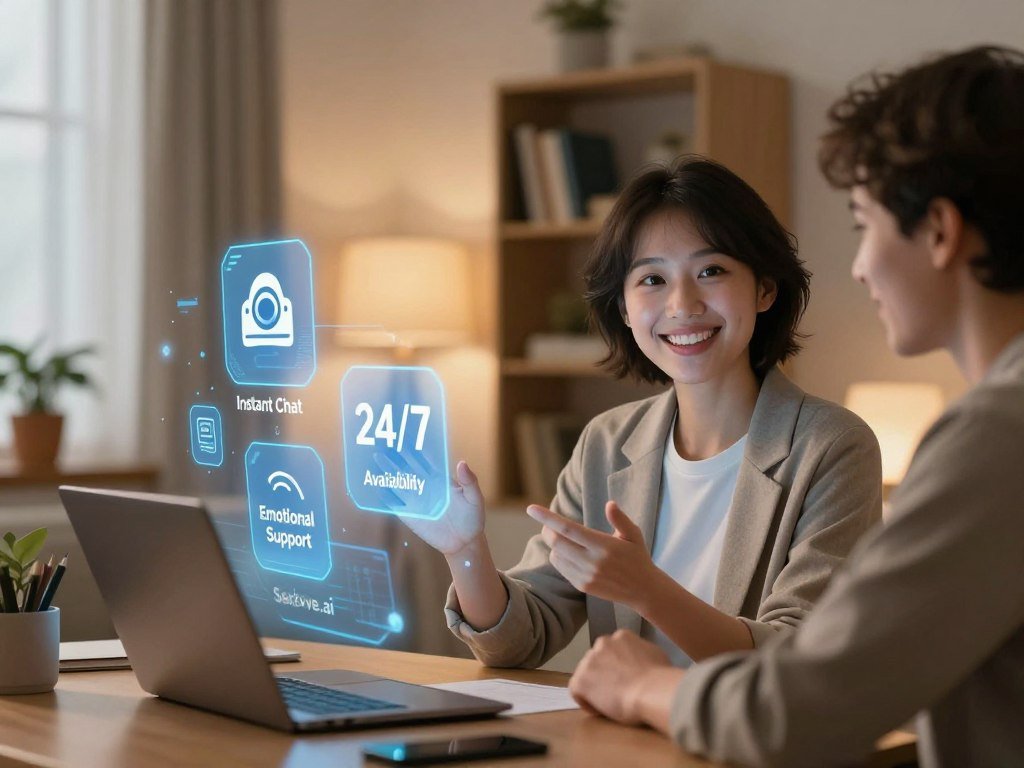 A serene and inviting digital environment showcasing the concept of virtual companionship In the foreground a friendly human like AI companion with a warm smile dressed in smart casual attire engaged in conversation with a user sitting at a cozy desk with a laptop In the middle ground glowing holographic icons representing features like Instant Chat Emotional Support and 247 Availability float around them The background features a softly lit modern room with warm colors a bookshelf filled with books on technology and relationships and soft ambient lighting enhancing the mood The composition captures a sense of comfort engagement and innovation The brand Sexloveai subtly integrated into the setting conveys trust and modernity