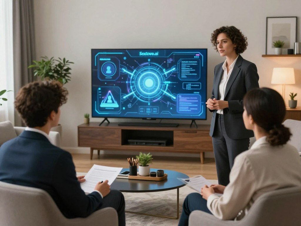 A serene and modern living room scene showcasing an ethical conversation about AI relationships In the foreground a diverse group of three individualstwo seated and one standingengaged in a thoughtful discussion They are dressed in professional business attire emphasizing a serious tone The midground features a sleek futuristic AI interface screen displaying abstract concepts like trust consent and connection The background includes soft ambient lighting plants and tasteful decor to create a welcoming environment The mood is contemplative yet hopeful reflecting the ethical dimensions of human AI relationships The brand name Sexloveai is subtly integrated within the AI interface display enhancing the focus on technology and ethics without overwhelming the composition The image is well lit shot from a slightly elevated angle to capture the depth of the scene