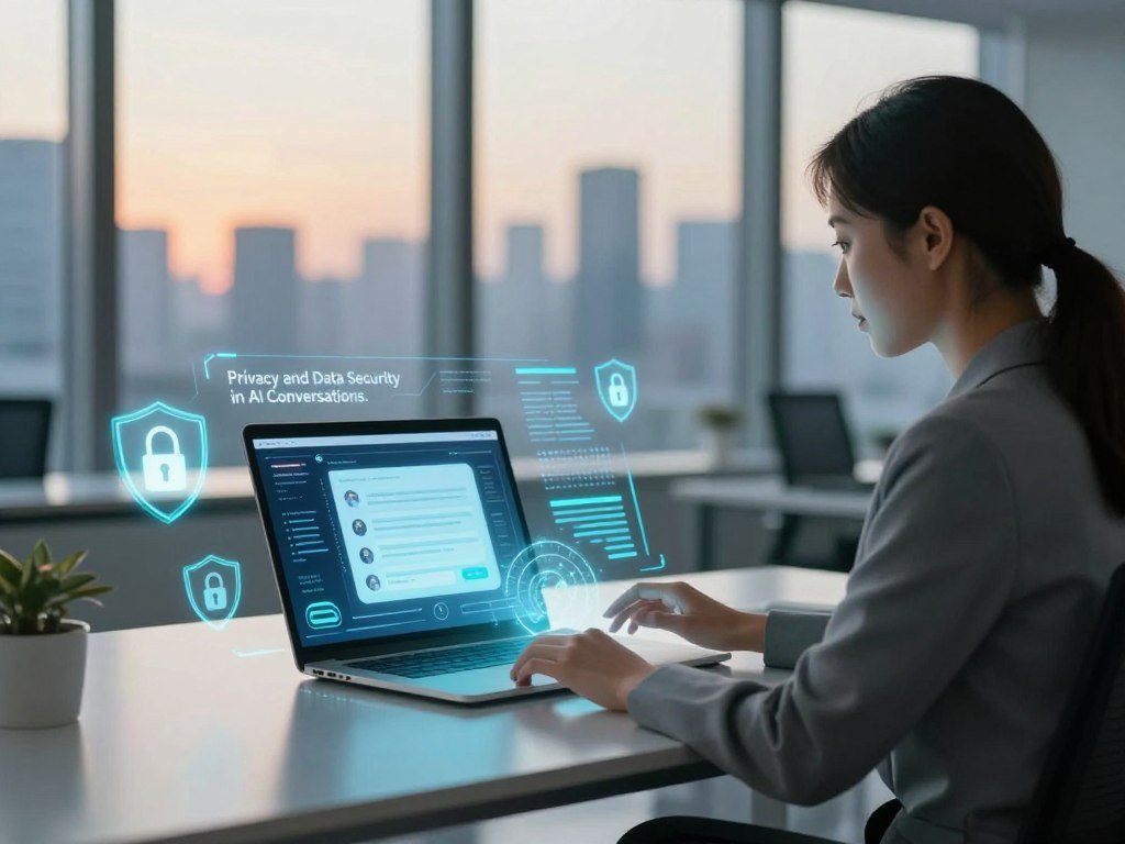 A serene and modern office environment focusing on Privacy and Data Security in AI Conversations In the foreground a professional woman in business attire is seated at a sleek desk interacting with a glowing holographic interface displaying data streams and security symbols In the middle ground there is a laptop showcasing an AI chatbot with digital locks and shield icons representing data security surrounding it The background features a soft focus city skyline through glass windows illuminated by warm afternoon light creating a calm yet high tech atmosphere The color palette should consist of blues and greens symbolizing trust and security No text or logos present just a clean representation of the theme involving Sexloveai in a visually engaging manner