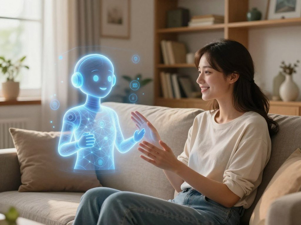 A serene digital environment showcasing the concept of AI companionship and emotional support. In the foreground, a warmly-lit scene features a young adult woman in modest casual attire, sitting comfortably on a cozy sofa, engaging with a holographic representation of an AI companion, symbolizing the Replika AI Girlfriend App. The AI figure appears friendly and supportive, glowing softly in hues of blue and white. In the middle ground, a soft, abstract display of interconnected digital patterns symbolizes emotional connections. The background features an inviting living room with shelves filled with books and personal artifacts, gently illuminated by natural light filtering through a window, creating a calming atmosphere. The overall mood is warm and supportive, emphasizing the bond between human and AI in modern companionship. - The Ultimate Guide to AI Girlfriends-Sexlove.ai A serene digital environment showcasing the concept of AI companionship and emotional support In the foreground a warmly lit scene features a young adult woman in modest casual attire sitting comfortably on a cozy sofa engaging with a holographic representation of an AI companion symbolizing the Replika AI Girlfriend App The AI figure appears friendly and supportive glowing softly in hues of blue and white In the middle ground a soft abstract display of interconnected digital patterns symbolizes emotional connections The background features an inviting living room with shelves filled with books and personal artifacts gently illuminated by natural light filtering through a window creating a calming atmosphere The overall mood is warm and supportive emphasizing the bond between human and AI in modern companionship