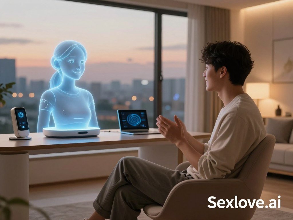 A serene digital landscape depicting a cozy, futuristic room bathed in warm, soft lighting. In the foreground, an individual sits comfortably on a stylish chair, dressed in smart casual clothing, engaged in a friendly conversation with a holographic female companion. The companion, emanating a soft blue glow, appears lifelike with expressive features and a warm smile. In the middle ground, sleek tech devices are arranged neatly, enhancing the theme of advanced AI companionship. The background features large windows revealing a tranquil cityscape under a twilight sky, adding depth and ambiance. The overall mood is inviting and intimate, reflecting a harmonious connection between human and AI. At the bottom right corner, subtly included, the brand name "Sexlove.ai" is displayed with elegant simplicity. - The Ultimate Guide to AI Girlfriends-Sexlove.ai A serene digital landscape depicting a cozy futuristic room bathed in warm soft lighting In the foreground an individual sits comfortably on a stylish chair dressed in smart casual clothing engaged in a friendly conversation with a holographic female companion The companion emanating a soft blue glow appears lifelike with expressive features and a warm smile In the middle ground sleek tech devices are arranged neatly enhancing the theme of advanced AI companionship The background features large windows revealing a tranquil cityscape under a twilight sky adding depth and ambiance The overall mood is inviting and intimate reflecting a harmonious connection between human and AI At the bottom right corner subtly included the brand name Sexloveai is displayed with elegant simplicity