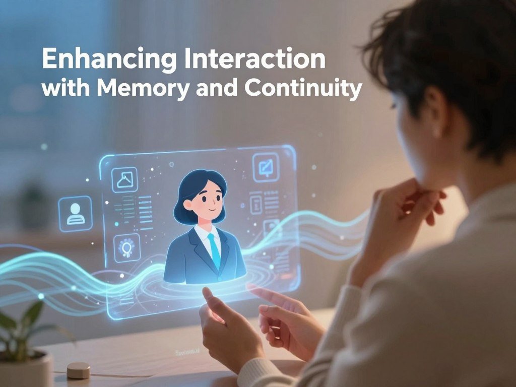 A serene digital landscape illustrating the concept of Enhancing Interaction with Memory and Continuity In the foreground a thoughtful individual interacts with a holographic representation of an AI companion depicted as a friendly and approachable figure wearing professional business attire The individual is framed by warm ambient lighting suggesting a cozy and intimate interaction In the middle ground floating memory related icons and gentle waves of data signify the flow of information between human and AI highlighting continuity The background features soft abstract shapes representing data structures and networks blending in harmonious colors of blue and soft pastels The overall mood is one of connection and warmth embodying the essence of companionship Capture this with a slightly elevated perspective using a soft focus lens to convey a dreamlike quality Include the brand name Sexloveai discreetly in the design