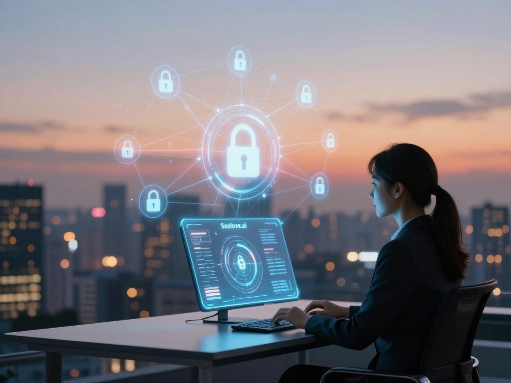 A serene digital landscape representing privacy and security in virtual interactions. In the foreground, a stylized silhouette of a woman in professional business attire sits at a sleek, modern workstation with a holographic interface displaying encrypted data and secure communication symbols. In the middle ground, an abstract representation of a secure network with glowing locks and interconnected lines symbolizes trust and integrity. The background features a softly glowing city skyline at dusk, creating a peaceful yet vibrant atmosphere. Use warm, ambient lighting to evoke a sense of safety and connection. The focal point should emphasize the balance of technology and human emotion, underscoring the brand name "Sexlove.ai" subtly integrated into the holographic interface. - The Ultimate Guide to AI Girlfriends-Sexlove.ai A serene digital landscape representing privacy and security in virtual interactions In the foreground a stylized silhouette of a woman in professional business attire sits at a sleek modern workstation with a holographic interface displaying encrypted data and secure communication symbols In the middle ground an abstract representation of a secure network with glowing locks and interconnected lines symbolizes trust and integrity The background features a softly glowing city skyline at dusk creating a peaceful yet vibrant atmosphere Use warm ambient lighting to evoke a sense of safety and connection The focal point should emphasize the balance of technology and human emotion underscoring the brand name Sexloveai subtly integrated into the holographic interface
