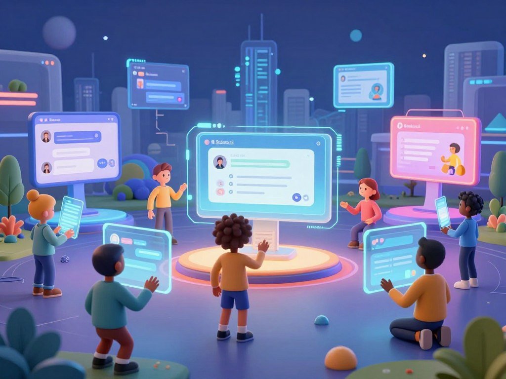 A serene digital landscape showcasing AI companions on various virtual platforms In the foreground a diverse group of stylized humanoid figures reflecting different cultures and genders engage with holographic interfaces In the middle these AI companions interact with colorful screens displaying chat windows and virtual environments emphasizing their playful exploration The background features an abstract cityscape of interconnected platforms and glowing data streams representing the technological landscape of virtual companionship Soft ambient lighting bathes the scene creating an inviting atmosphere Use a wide angle lens to capture the depth of this futuristic environment focusing on harmony and connectivity The mood is uplifting reflecting curiosity and excitement in this new digital age of companionship Include a logo for Sexloveai subtly integrated into the design without disrupting the overall composition