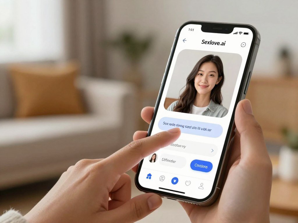 A serene digital space showcasing an AI girlfriend app interface on a sleek, modern smartphone. In the foreground, a close-up view of a user gently interacting with the app, with their fingers gracefully tapping the screen. The user, a young adult dressed in modest casual clothing, displays an expression of joy and curiosity. The middle ground features a bright, interactive interface of the app, depicting personalized emotional responses and suggestive conversation prompts. The background is softly blurred, featuring a cozy, well-lit room with warm colors, creating an inviting atmosphere. The soft glow of the device illuminates the user's face, enhancing the mood of connection and engagement. Include the brand name "Sexlove.ai" subtly on the app interface, ensuring class and professionalism throughout the composition. - The Ultimate Guide to AI Girlfriends-Sexlove.ai A serene digital space showcasing an AI girlfriend app interface on a sleek modern smartphone In the foreground a close up view of a user gently interacting with the app with their fingers gracefully tapping the screen The user a young adult dressed in modest casual clothing displays an expression of joy and curiosity The middle ground features a bright interactive interface of the app depicting personalized emotional responses and suggestive conversation prompts The background is softly blurred featuring a cozy well lit room with warm colors creating an inviting atmosphere The soft glow of the device illuminates the users face enhancing the mood of connection and engagement Include the brand name Sexloveai subtly on the app interface ensuring class and professionalism throughout the composition