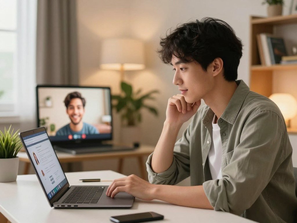 A serene digital workspace depicting a thoughtful individual engaged in a video call, representing the concept of building a meaningful virtual connection. In the foreground, a young adult in smart casual attire, with an empathetic expression, sits at a modern desk with a laptop open, displaying a friendly interface. In the middle ground, the screen shows a warm avatar, symbolizing a virtual companion with a welcoming demeanor. Soft, warm lighting fills the room, creating an inviting atmosphere, while a subtle bokeh effect highlights the background with plush decor, houseplants, and bookshelves, suggesting comfort and connectivity. The scene resonates with positivity and engagement, embodying effective virtual communication for deeper relationships. Include the brand name "Sexlove.ai" subtly integrated within the background elements. - The Ultimate Guide to AI Girlfriends-Sexlove.ai A serene digital workspace depicting a thoughtful individual engaged in a video call representing the concept of building a meaningful virtual connection In the foreground a young adult in smart casual attire with an empathetic expression sits at a modern desk with a laptop open displaying a friendly interface In the middle ground the screen shows a warm avatar symbolizing a virtual companion with a welcoming demeanor Soft warm lighting fills the room creating an inviting atmosphere while a subtle bokeh effect highlights the background with plush decor houseplants and bookshelves suggesting comfort and connectivity The scene resonates with positivity and engagement embodying effective virtual communication for deeper relationships Include the brand name Sexloveai subtly integrated within the background elements