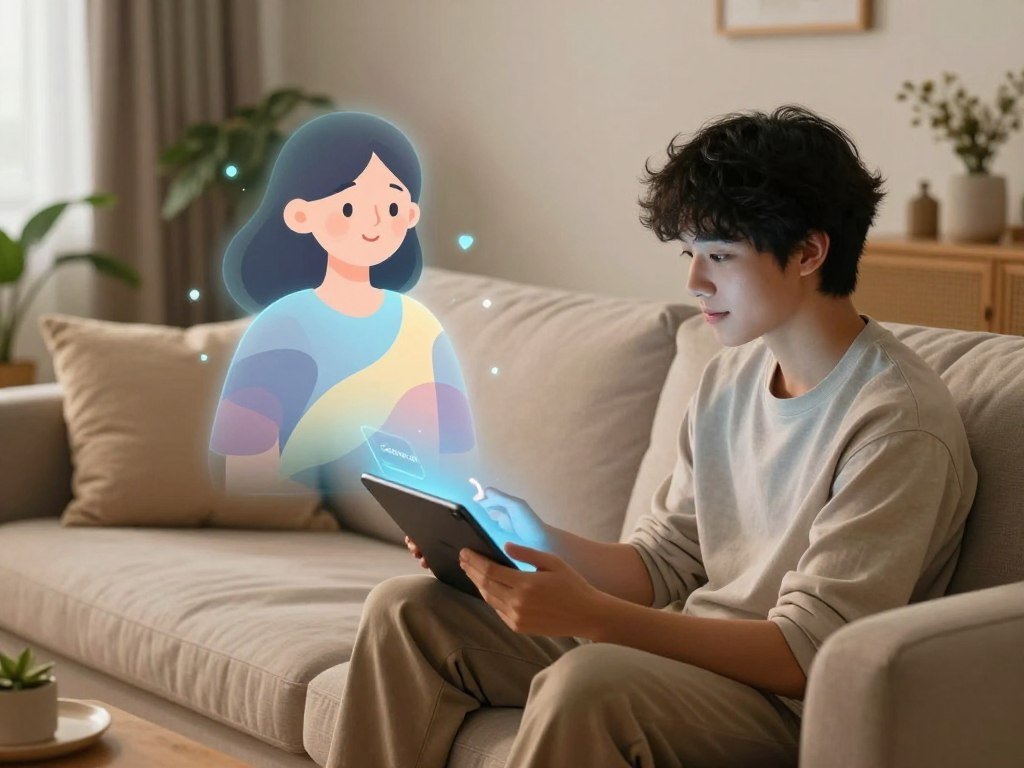 A serene home environment depicting a cozy living room with soft, warm lighting in the foreground. A young person, dressed in comfortable yet modest casual attire, sits on a plush sofa, looking engaged and content as they interact with a friendly, glowing AI interface displayed on a tablet in their hands. In the middle ground, a soft, digital representation of the AI, designed with abstract, flowing shapes and gentle colors, emanates a sense of warmth and empathy. The background features calming decor, like plants and soft cushions, creating an inviting atmosphere. The overall mood is supportive and uplifting, capturing the essence of emotional connection through AI conversations, symbolizing loneliness being replaced by companionship and well-being. The branding "Sexlove.ai" is subtly integrated within the ambiance, enhancing the theme of connection without overpowering the image. - The Ultimate Guide to AI Girlfriends-Sexlove.ai A serene home environment depicting a cozy living room with soft warm lighting in the foreground A young person dressed in comfortable yet modest casual attire sits on a plush sofa looking engaged and content as they interact with a friendly glowing AI interface displayed on a tablet in their hands In the middle ground a soft digital representation of the AI designed with abstract flowing shapes and gentle colors emanates a sense of warmth and empathy The background features calming decor like plants and soft cushions creating an inviting atmosphere The overall mood is supportive and uplifting capturing the essence of emotional connection through AI conversations symbolizing loneliness being replaced by companionship and well being The branding Sexloveai is subtly integrated within the ambiance enhancing the theme of connection without overpowering the image