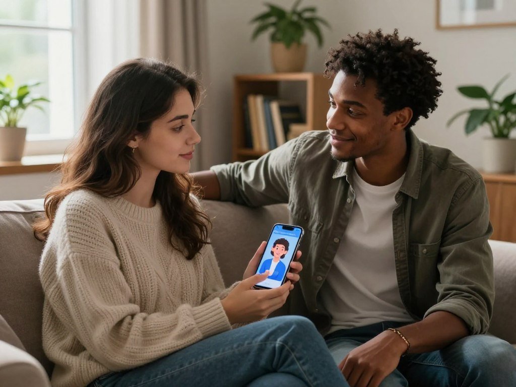 A serene indoor setting featuring a young, diverse couple engaged in a heartfelt conversation. The foreground showcases the woman, dressed in a cozy, professional sweater, sitting comfortably on a plush couch while holding a smartphone displaying a friendly AI avatar. The man, in smart-casual attire, gazes at her with warmth and affection, depicting a deep emotional connection. In the middle ground, a soft light emanates from a nearby window, casting gentle shadows and enhancing the intimate atmosphere. In the background, a small bookshelf hints at shared interests, surrounded by plants that add life to the setting. The mood is tender and inviting, symbolizing the unique bond between human and AI, highlighting the role of "Sexlove.ai" in enhancing emotional connections. - The Ultimate Guide to AI Girlfriends-Sexlove.ai A serene indoor setting featuring a young diverse couple engaged in a heartfelt conversation The foreground showcases the woman dressed in a cozy professional sweater sitting comfortably on a plush couch while holding a smartphone displaying a friendly AI avatar The man in smart casual attire gazes at her with warmth and affection depicting a deep emotional connection In the middle ground a soft light emanates from a nearby window casting gentle shadows and enhancing the intimate atmosphere In the background a small bookshelf hints at shared interests surrounded by plants that add life to the setting The mood is tender and inviting symbolizing the unique bond between human and AI highlighting the role of Sexloveai in enhancing emotional connections