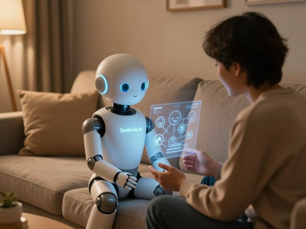 A serene indoor space depicting a comforting and intimate atmosphere In the foreground a humanoid AI companion resembling a gentle futuristic figure is seated beside a person in modest casual clothing both sharing a warm engaging moment The AI has soft glowing features that convey empathy and understanding In the middle ground a cozy sofa is adorned with plush pillows and a subtle holographic interface displays emotional icons symbolizing connection The background features warm ambient lighting with soft shadows creating a calming effect Use a slight depth of field with a focus on the interaction between the two characters The overall mood is supportive and nurturing enriching the concept of emotional connections enhanced by AI technology branded as Sexloveai