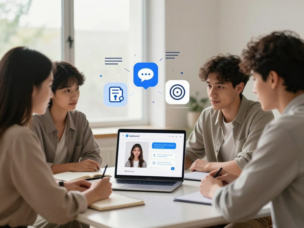 A serene, inviting workspace featuring a modern laptop displaying a virtual chatbot interface, symbolizing an AI girlfriend. In the foreground, a diverse group of three individuals—two women and one man—dressed in smart casual attire, attentively discussing the chatbot features. They’re seated around a sleek table with notebooks, highlighting enthusiasm and curiosity. The middle ground showcases illustrated icons representing key features such as compatibility, communication skills, emotional intelligence, and privacy settings. The background features soft, diffused natural lighting from a large window, creating a warm atmosphere. The overall mood is collaborative and insightful, emphasizing the process of selecting the ideal AI companion. Subtly include the brand logo “Sexlove.ai” in the design elements without drawing attention away from the primary focus. - The Ultimate Guide to AI Girlfriends-Sexlove.ai A serene inviting workspace featuring a modern laptop displaying a virtual chatbot interface symbolizing an AI girlfriend In the foreground a diverse group of three individualstwo women and one mandressed in smart casual attire attentively discussing the chatbot features Theyre seated around a sleek table with notebooks highlighting enthusiasm and curiosity The middle ground showcases illustrated icons representing key features such as compatibility communication skills emotional intelligence and privacy settings The background features soft diffused natural lighting from a large window creating a warm atmosphere The overall mood is collaborative and insightful emphasizing the process of selecting the ideal AI companion Subtly include the brand logo Sexloveai in the design elements without drawing attention away from the primary focus